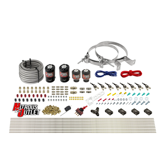 Nitrous Outlet 8 Cylinder Direct Port System - Two .122 Nitrous Solenoids/Two .177 Fuel Solenoids/Compact Distribution Blocks/Compression Fittings/90 Degree Discharge Nozzles (Alcohol)(5-7-10 psi)(100-400HP)(No Bottle)