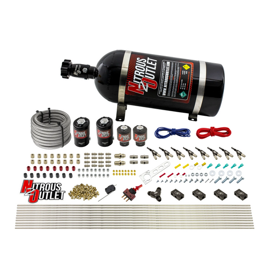 Nitrous Outlet 8 Cylinder Direct Port System - Two .122 Nitrous Solenoids/Two .177 Fuel Solenoids/Compact Distribution Blocks/Compression Fittings/90 Degree Discharge Nozzles (Alcohol)(5-7-10 psi)(100-400HP)(10lb Bottle)