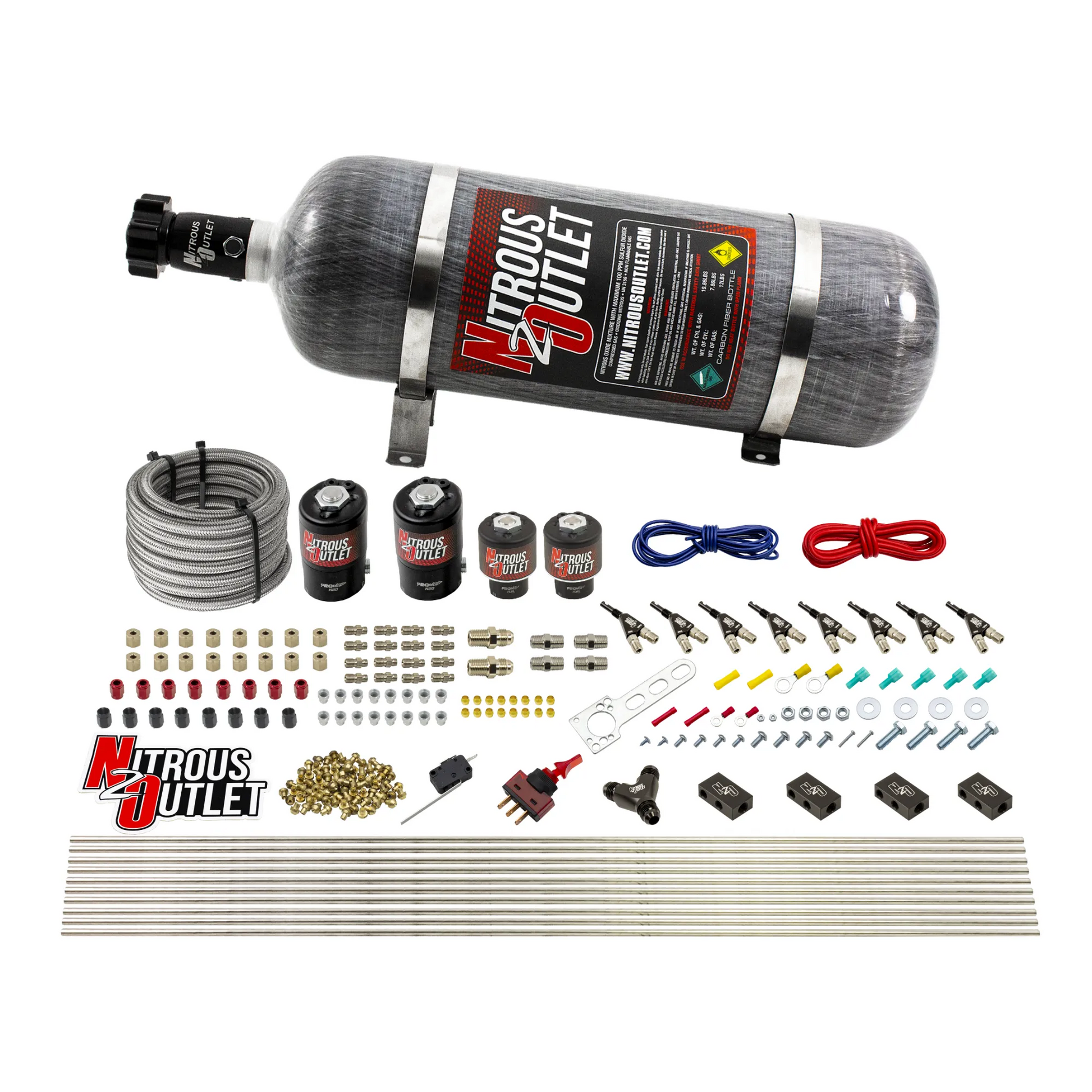 Nitrous Outlet 8 Cylinder Direct Port System - Two .122 Nitrous Solenoids/Two .177 Fuel Solenoids/Compact Distribution Blocks/Compression Fittings/90 Degree Discharge Nozzles (Alcohol)(5-7-10 psi)(100-400HP)(12lb Bottle)