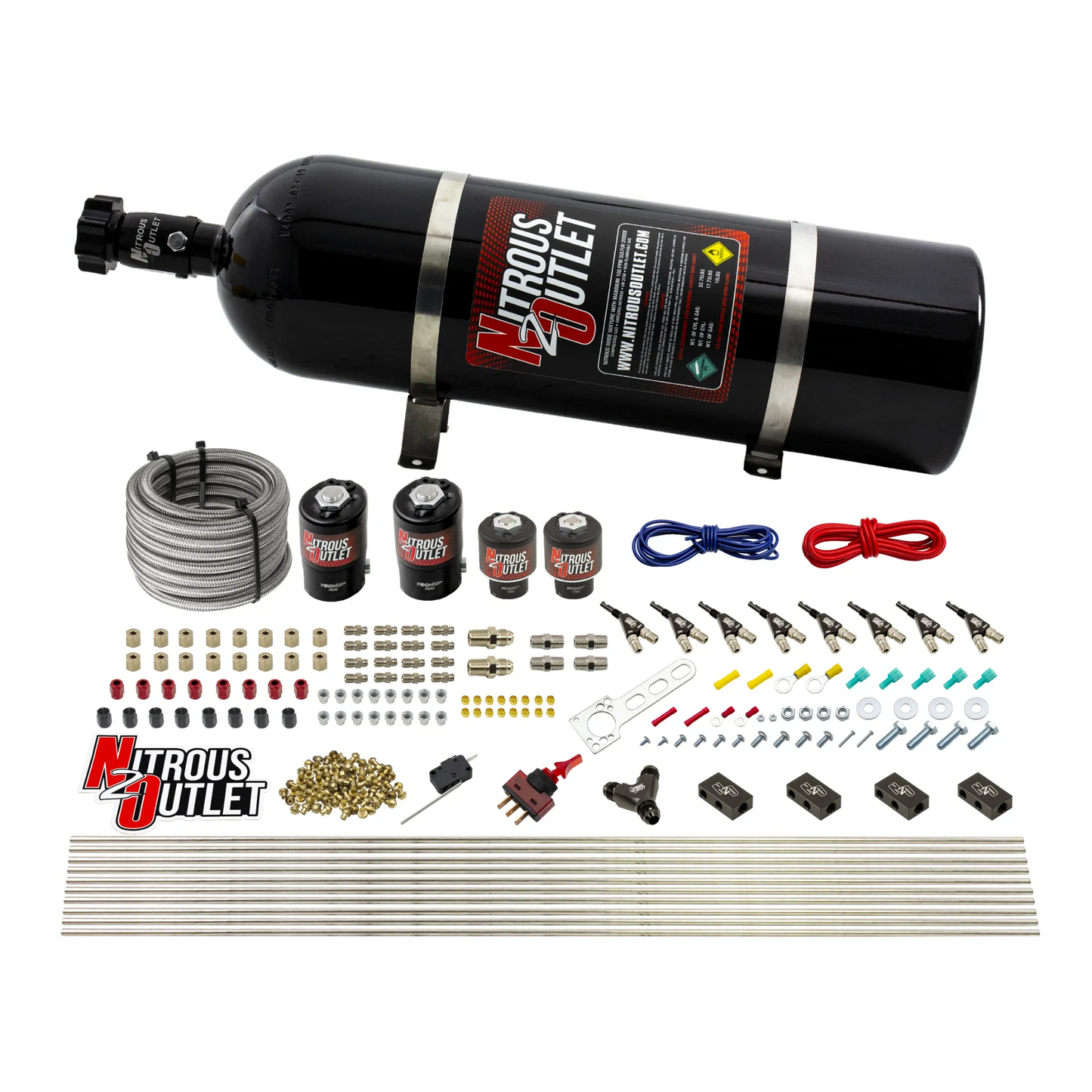 Nitrous Outlet 8 Cylinder Direct Port System - Two .122 Nitrous Solenoids/Two .177 Fuel Solenoids/Compact Distribution Blocks/Compression Fittings/90 Degree Discharge Nozzles (Alcohol)(5-7-10 psi)(100-400HP)(15lb Bottle)
