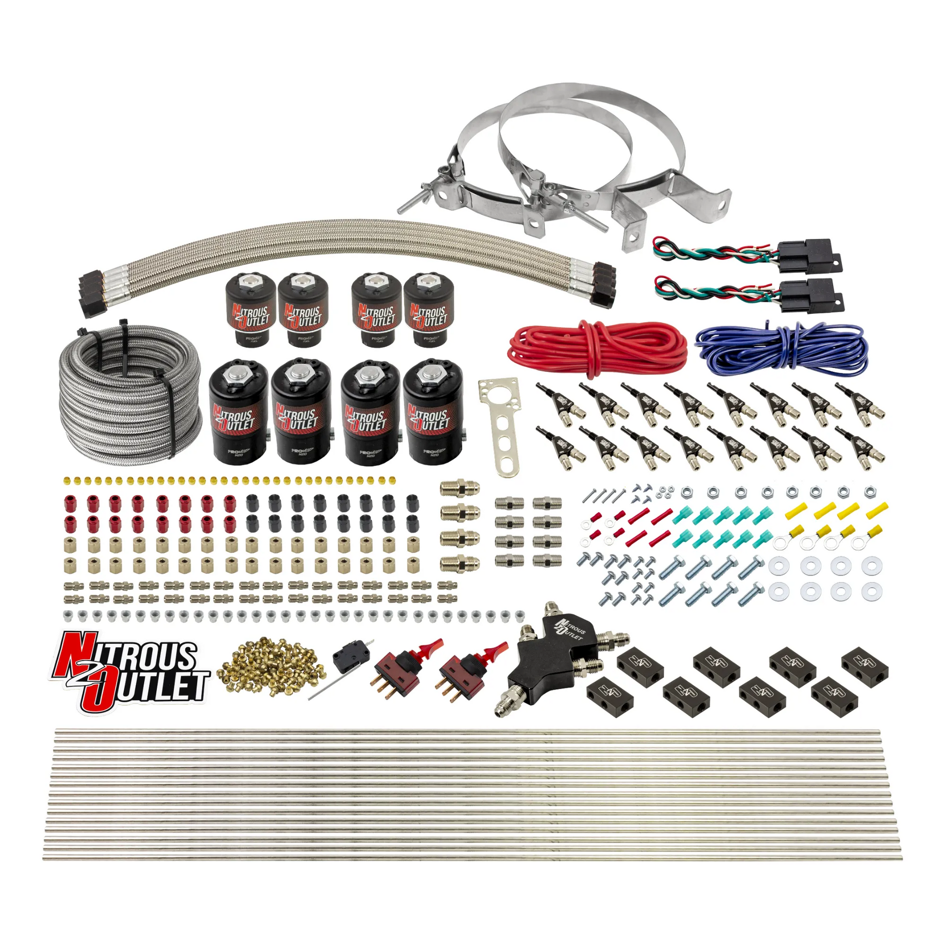 Nitrous Outlet 8 Cylinder Dual Stage Direct Port System - Four .122 Nitrous Solenoids/Four .177 Fuel Solenoids/Compact Distribution Blocks/Compression Fittings/90 Degree Discharge Nozzles (Alcohol)(5-7-10 psi)(100-400HP)(No Bottle)