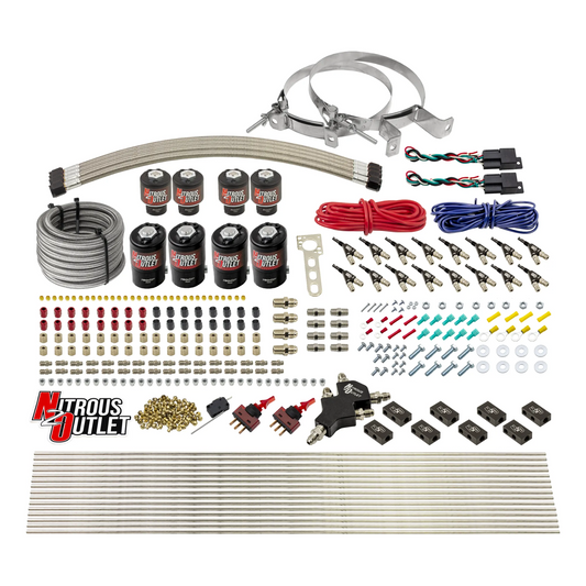Nitrous Outlet 8 Cylinder Dual Stage Direct Port System - Four .122 Nitrous Solenoids/Four .177 Fuel Solenoids/Compact Distribution Blocks/Compression Fittings/90 Degree Discharge Nozzles (Alcohol)(5-7-10 psi)(100-400HP)(No Bottle)