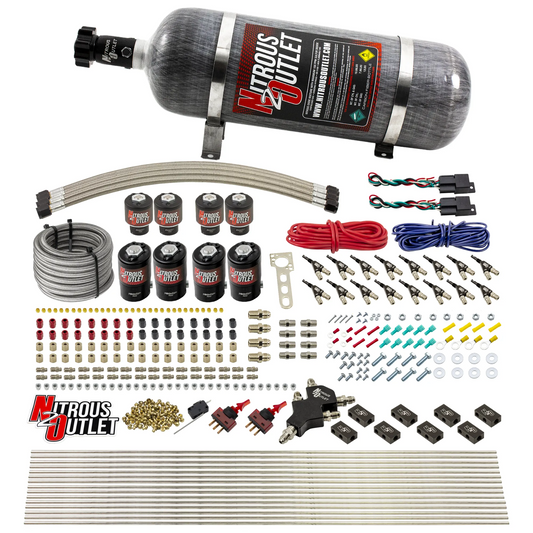 Nitrous Outlet 8 Cylinder Dual Stage Direct Port System - Four .122 Nitrous Solenoids/Four .177 Fuel Solenoids/Compact Distribution Blocks/Compression Fittings/90 Degree Discharge Nozzles (Alcohol)(5-7-10 psi)(100-400HP)(12lb Bottle)