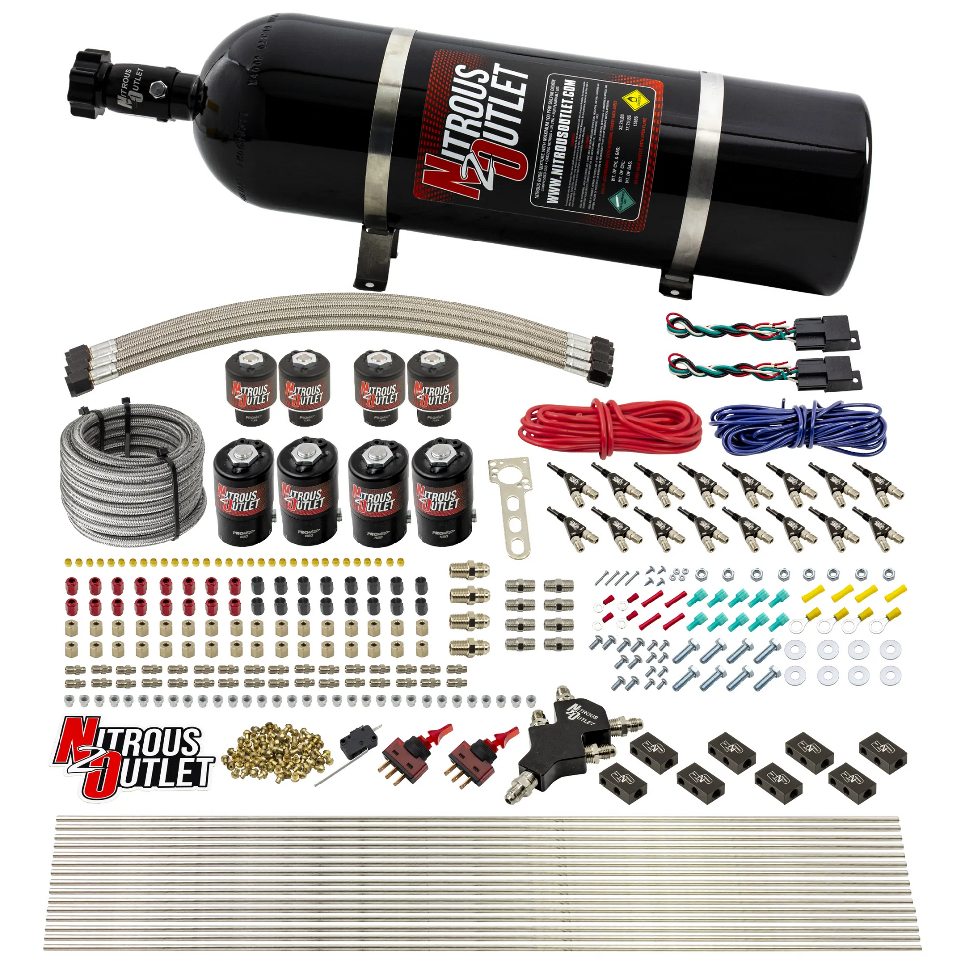 Nitrous Outlet 8 Cylinder Dual Stage Direct Port System - Four .122 Nitrous Solenoids/Four .177 Fuel Solenoids/Compact Distribution Blocks/Compression Fittings/90 Degree Discharge Nozzles (Alcohol)(5-7-10 psi)(100-400HP)(15lb Bottle)