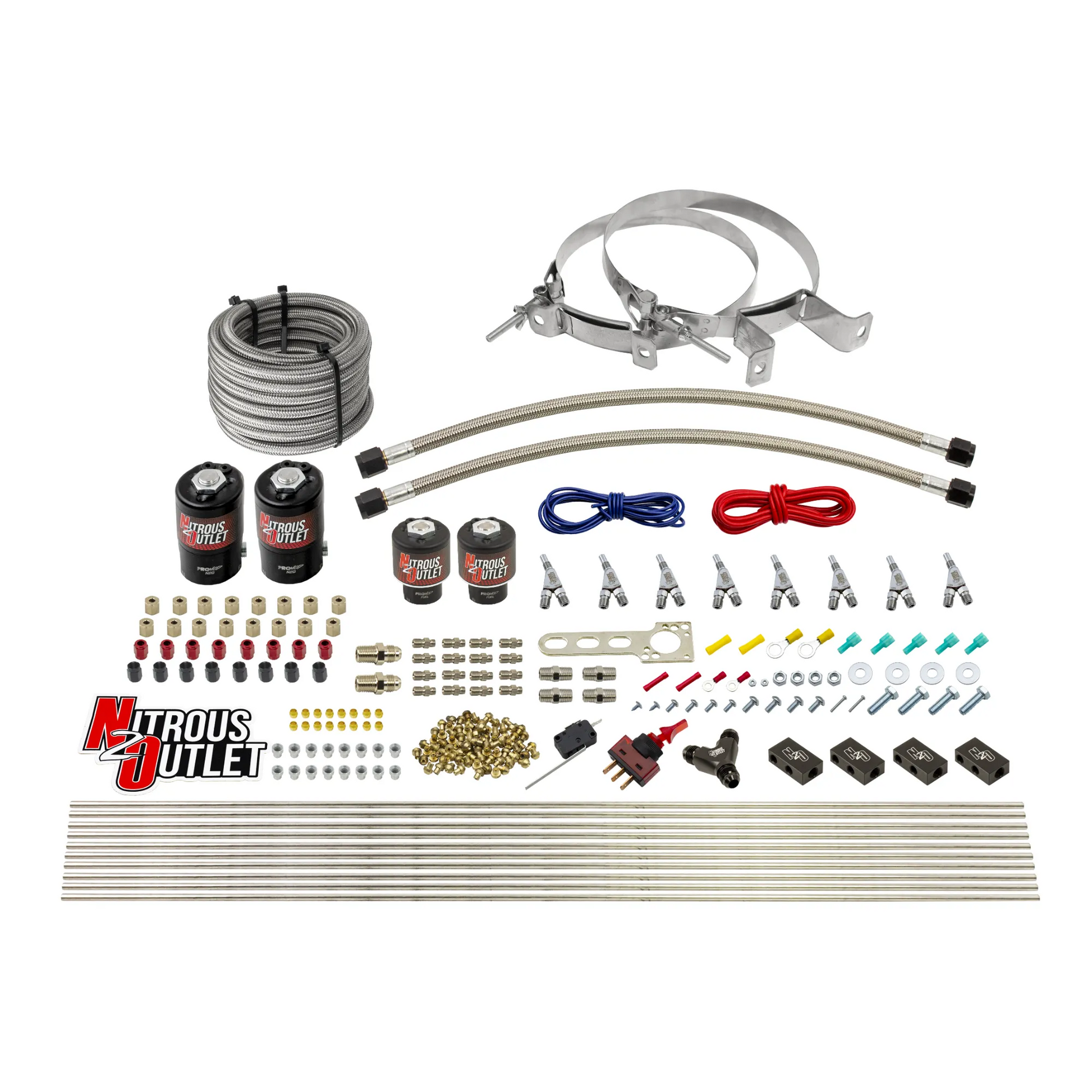 Nitrous Outlet 8 Cylinder Direct Port System - Two .122 Nitrous Solenoids/Two .177 Fuel Solenoids/Compact Distribution Blocks/Compression Fittings/Annular Discharge Nozzles (Alcohol)(5-7-10 psi)(100-400HP)(No Bottle)