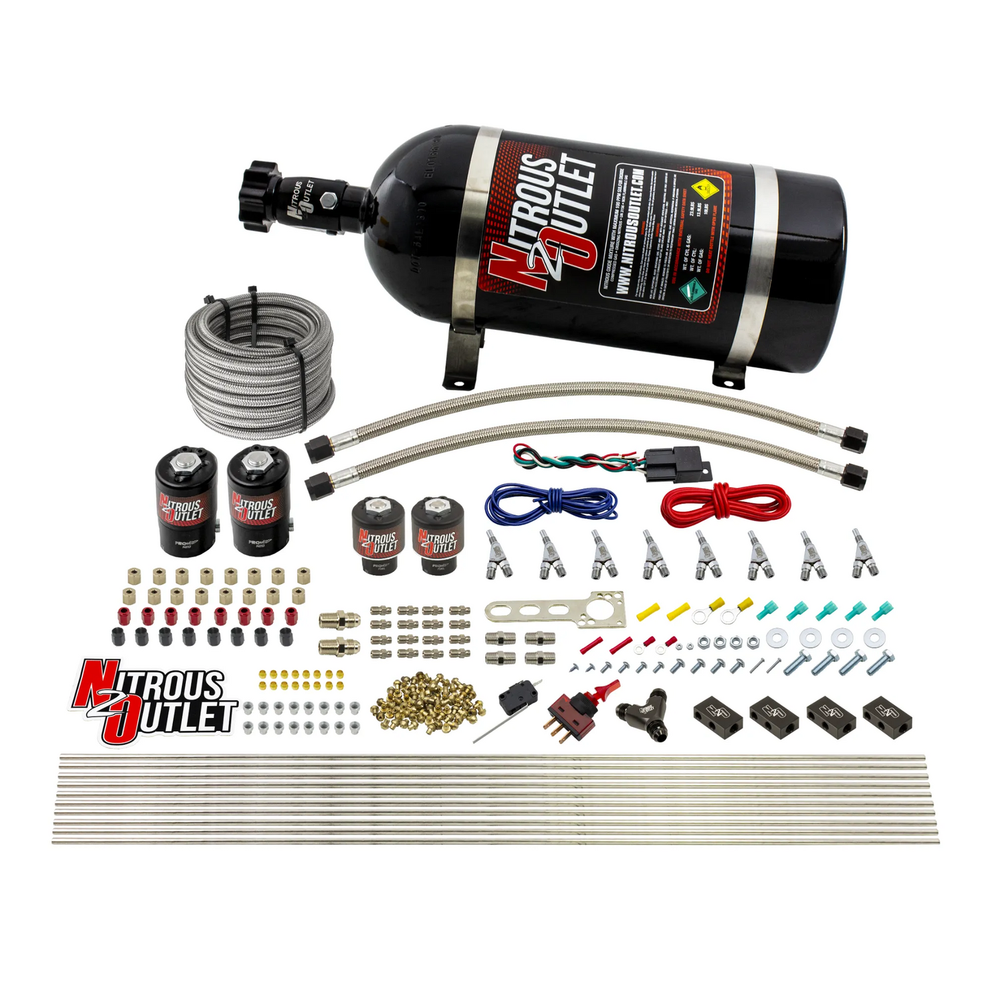 Nitrous Outlet 8 Cylinder Direct Port System - Two .122 Nitrous Solenoids/Two .177 Fuel Solenoids/Compact Distribution Blocks/Compression Fittings/Annular Discharge Nozzles (Alcohol)(5-7-10 psi)(100-400HP)(10lb Bottle)