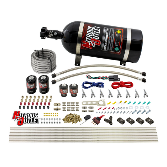 Nitrous Outlet 8 Cylinder Direct Port System - Two .122 Nitrous Solenoids/Two .177 Fuel Solenoids/Compact Distribution Blocks/Compression Fittings/Annular Discharge Nozzles (Alcohol)(5-7-10 psi)(100-400HP)(10lb Bottle)