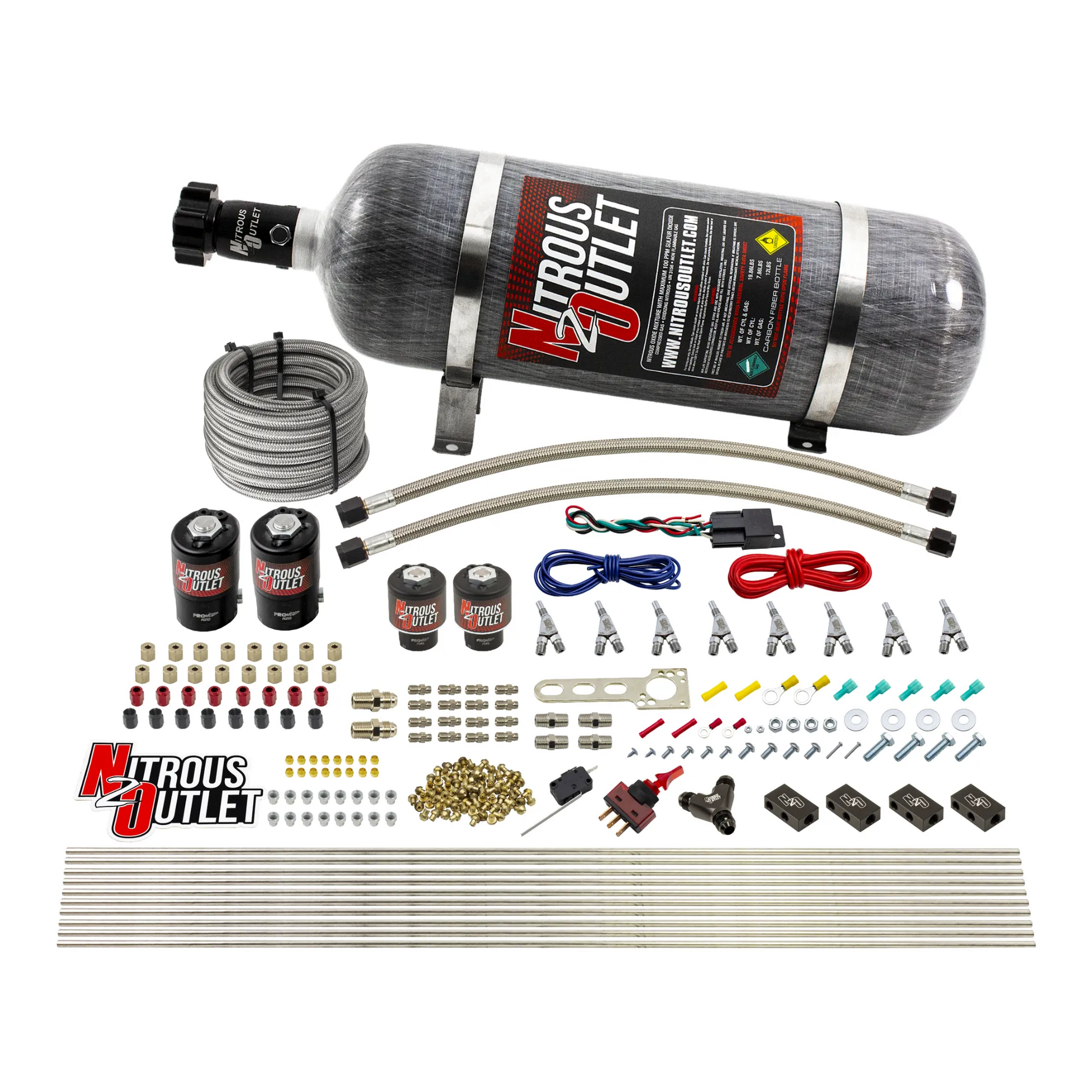 Nitrous Outlet 8 Cylinder Direct Port System - Two .122 Nitrous Solenoids/Two .177 Fuel Solenoids/Compact Distribution Blocks/Compression Fittings/Annular Discharge Nozzles (Alcohol)(5-7-10 psi)(100-400HP)(12lb Bottle)