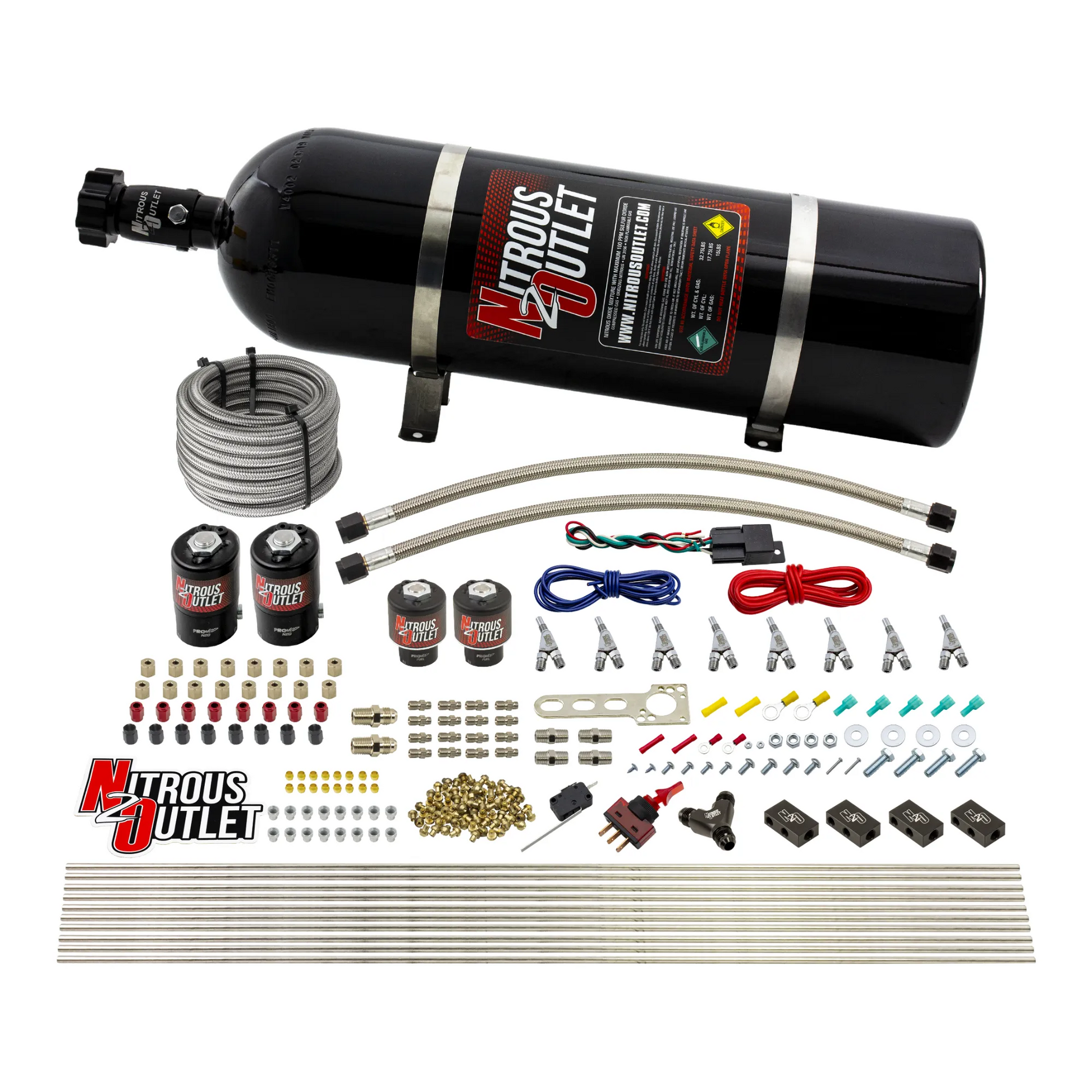 Nitrous Outlet 8 Cylinder Direct Port System - Two .122 Nitrous Solenoids/Two .177 Fuel Solenoids/Compact Distribution Blocks/Compression Fittings/Annular Discharge Nozzles (Alcohol)(5-7-10 psi)(100-400HP)(15lb Bottle)