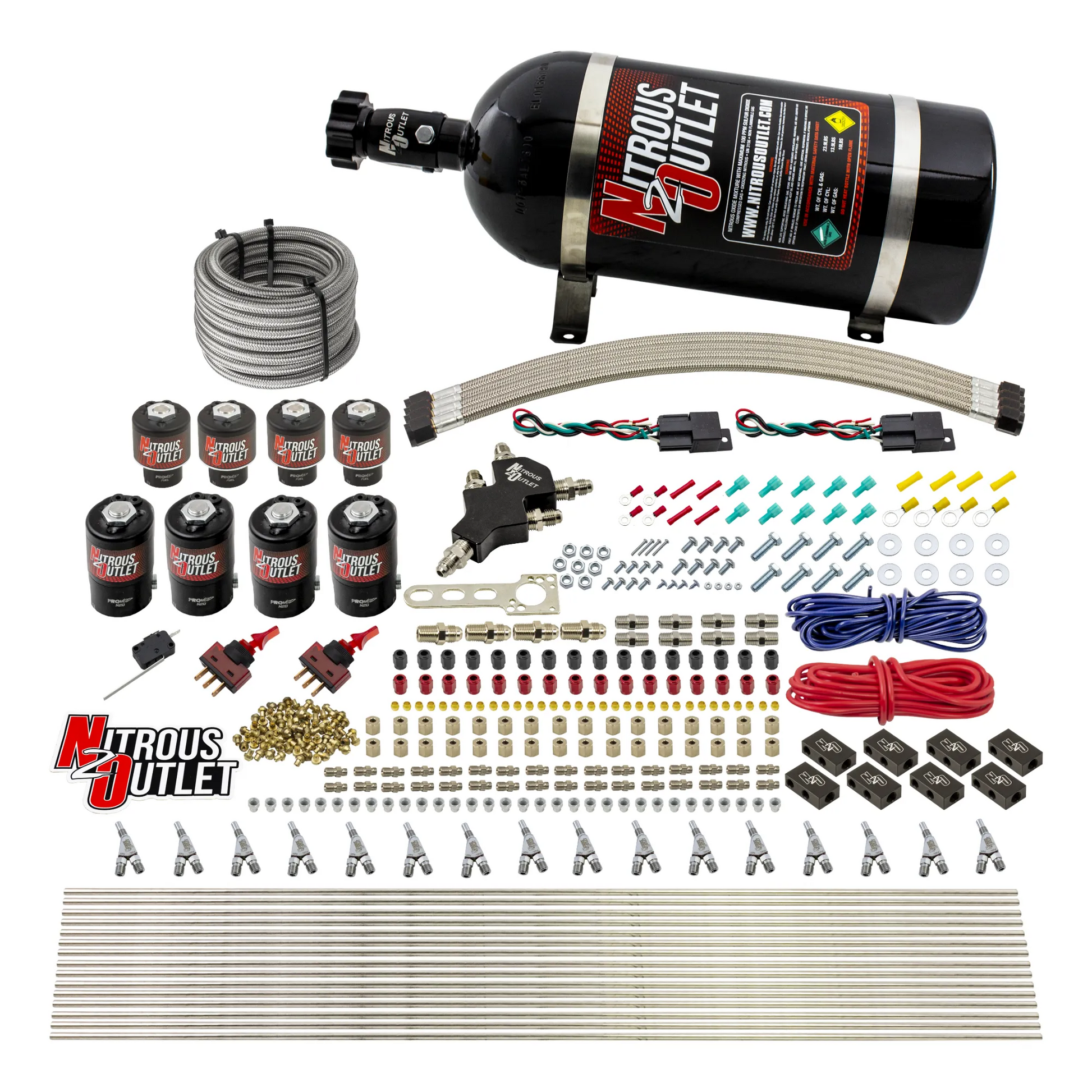 Nitrous Outlet 8 Cylinder Dual Stage Direct Port System - Four .122 Nitrous Solenoids/Four .177 Fuel Solenoids/Compact Distribution Blocks/Compression Fittings/Annular Discharge Nozzles (Alcohol)(5-7-10 psi)(100-400HP)(10lb Bottle)