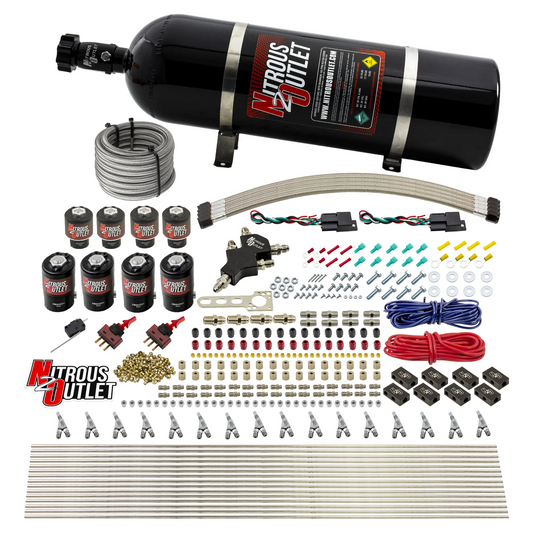 Nitrous Outlet 8 Cylinder Dual Stage Direct Port System - Four .122 Nitrous Solenoids/Four .177 Fuel Solenoids/Compact Distribution Blocks/Compression Fittings/Annular Discharge Nozzles (Alcohol)(5-7-10 psi)(100-400HP)(15lb Bottle)