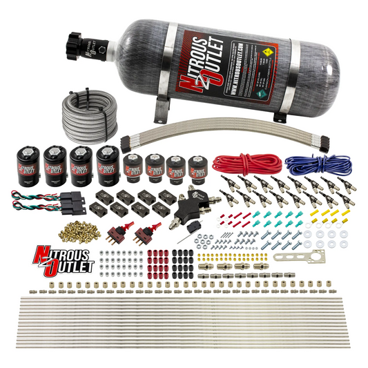 Nitrous Outlet 8 Cylinder Dual Stage Direct Port System - Four .112 Nitrous Solenoids/Four .177 Fuel Solenoids/Compact Distribution Blocks/Compression Fittings/90 Degree Discharge Nozzles (Alcohol)(5-7-10 psi)(100-400HP)(12lb Bottle)