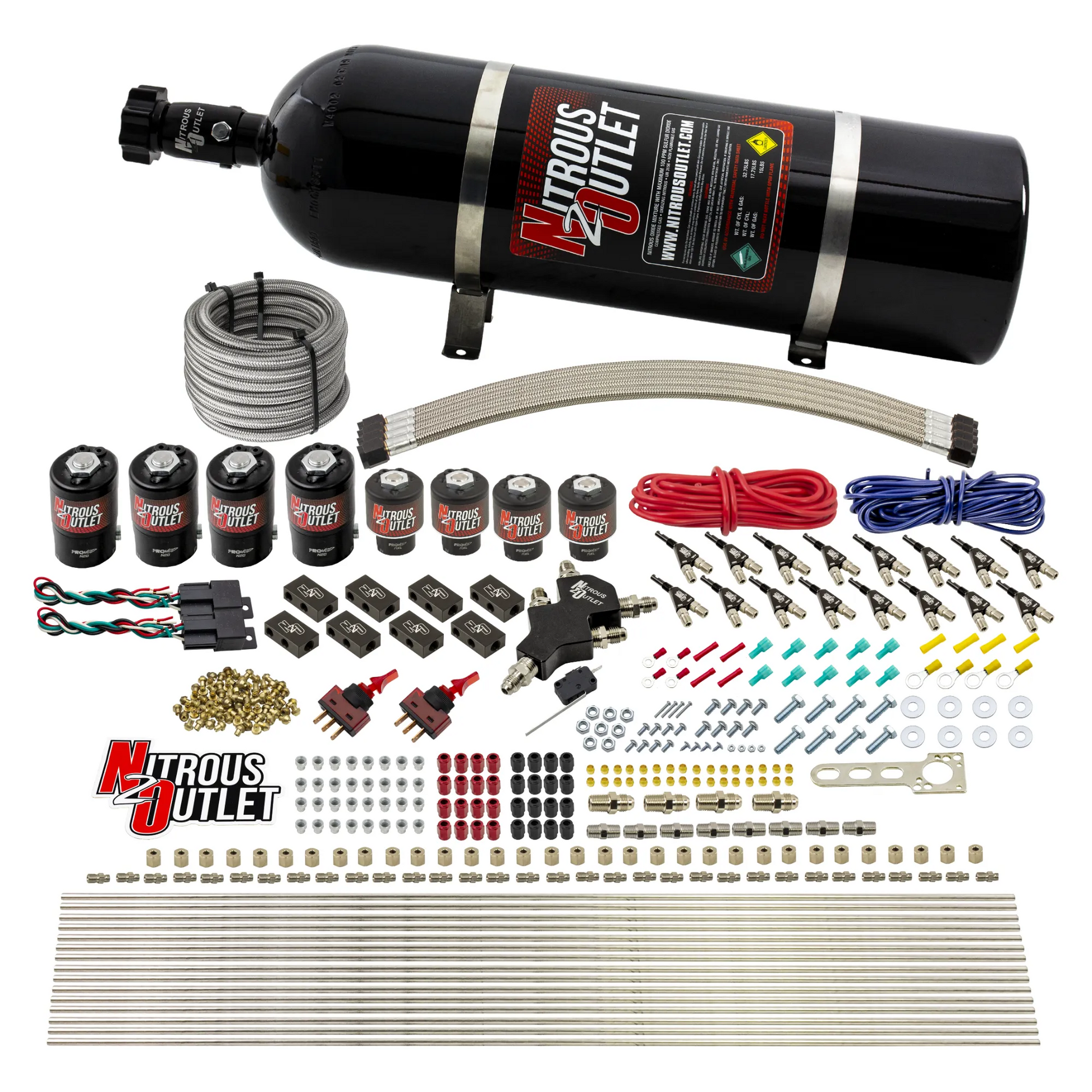 Nitrous Outlet 8 Cylinder Dual Stage Direct Port System - Four .112 Nitrous Solenoids/Four .177 Fuel Solenoids/Compact Distribution Blocks/Compression Fittings/90 Degree Discharge Nozzles (Alcohol)(5-7-10 psi)(100-400HP)(15lb Bottle)
