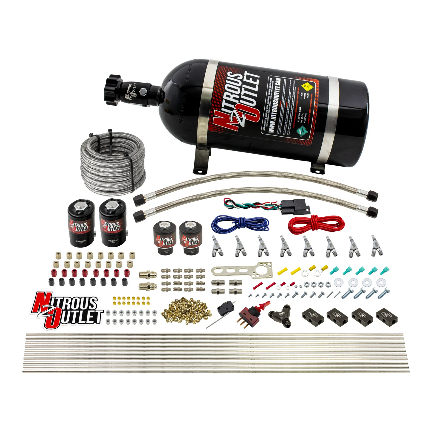 Nitrous Outlet 8 Cylinder Direct Port System - Two .112 Nitrous Solenoids/Two .177 Fuel Solenoids/Compact Distribution Blocks/Compression Fittings/Annular Discharge Nozzles (Alcohol)(5-7-10 psi)(100-400HP)(10lb Bottle)