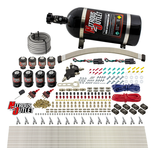 Nitrous Outlet 8 Cylinder Dual Stage Direct Port System - Four .112 Nitrous Solenoids/Four .177 Fuel Solenoids/Compact Distribution Blocks/Compression Fittings/Annular Discharge Nozzles (Alcohol)(5-7-10 psi)(100-400HP)(10lb Bottle)