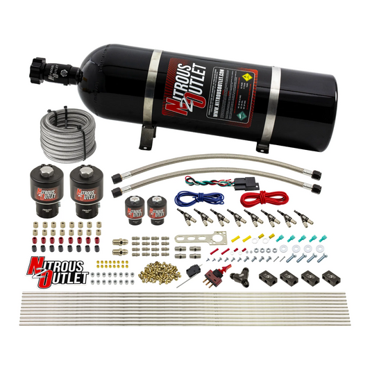 Nitrous Outlet 8 Cylinder Direct Port System - Two .178 Trashcan Nitrous Solenoids/Two .177 Fuel Solenoids/Compact Distribution Blocks/Compression Fittings/90 Degree Discharge Nozzles (Alcohol)(5-7-10 psi)(100-400HP)(15lb Bottle)