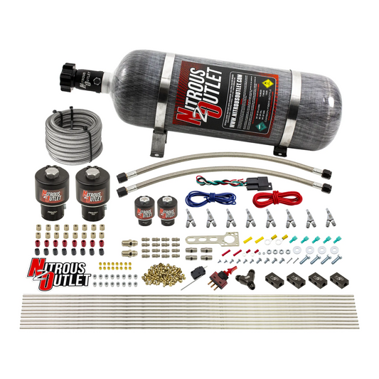 Nitrous Outlet 8 Cylinder Direct Port System - Two .178 Trashcan Nitrous Solenoids/Two .177 Fuel Solenoids/Compact Distribution Blocks/Compression Fittings/Annular Discharge Nozzles (Alcohol)(5-7-10 psi)(100-400HP)(12lb Bottle)