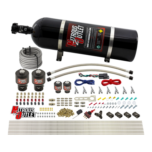 Nitrous Outlet 8 Cylinder Direct Port System - Two .178 Trashcan Nitrous Solenoids/Two .177 Fuel Solenoids/Compact Distribution Blocks/Compression Fittings/Annular Discharge Nozzles (Alcohol)(5-7-10 psi)(100-400HP)(15lb Bottle)