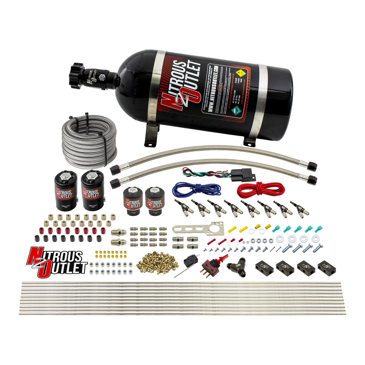 Nitrous Outlet 8 Cylinder Direct Port System - Two .122 Nitrous Solenoids/Two .177 Fuel Solenoids/Compact Distribution Blocks/Compression Fittings/90 Degree Discharge Nozzles (E85)(5-7-10 psi)(100-400HP)(10lb Bottle)