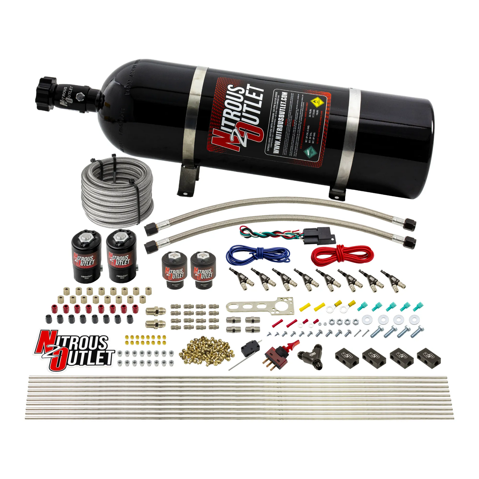Nitrous Outlet 8 Cylinder Direct Port System - Two .122 Nitrous Solenoids/Two .177 Fuel Solenoids/Compact Distribution Blocks/Compression Fittings/90 Degree Discharge Nozzles (E85)(5-7-10 psi)(100-400HP)(15lb Bottle)