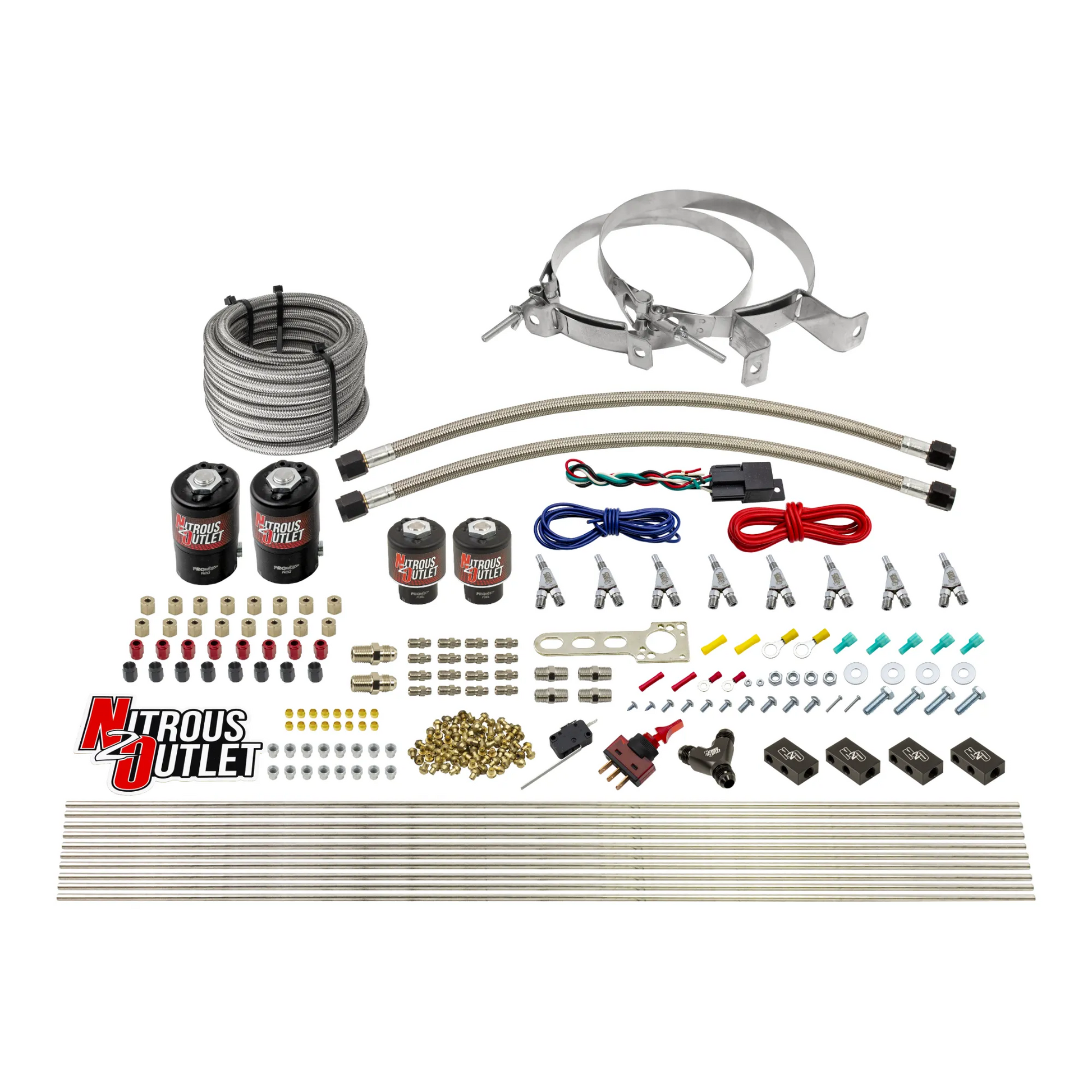 Nitrous Outlet 8 Cylinder Direct Port System - Two .122 Nitrous Solenoids/Two .177 Fuel Solenoids/Compact Distribution Blocks/Compression Fittings/Annular Discharge Nozzles (E85)(5-7-10 psi)(100-400HP)(No Bottle)