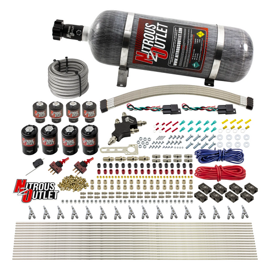 Nitrous Outlet 8 Cylinder Dual Stage Direct Port System - Four .122 Nitrous Solenoids/Four .177 Fuel Solenoids/Compact Distribution Blocks/Compression Fittings/Annular Discharge Nozzles (E85)(5-7-10 psi)(100-400HP)(12lb Bottle)