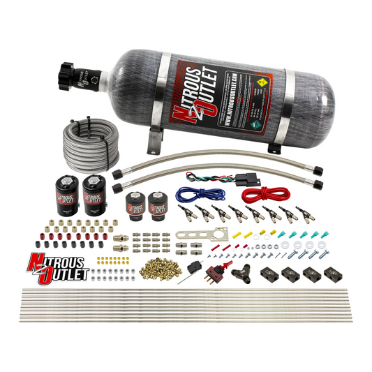 Nitrous Outlet 8 Cylinder Direct Port System - Two .112 Nitrous Solenoids/Two .177 Fuel Solenoids/Compact Distribution Blocks/Compression Fittings/90 Degree Discharge Nozzles (E85)(5-7-10 psi)(100-400HP)(12lb Bottle)