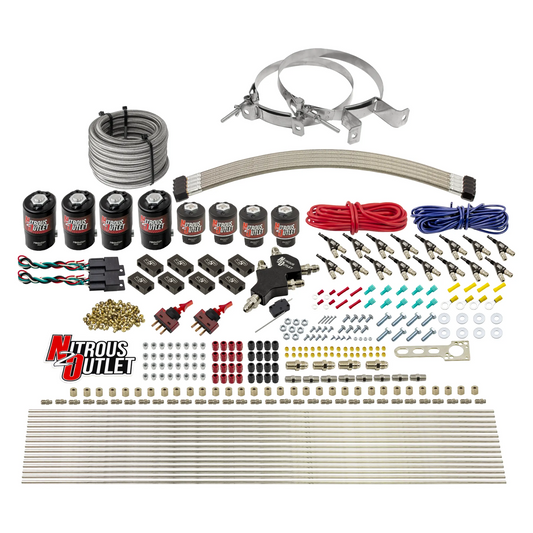 Nitrous Outlet 8 Cylinder Dual Stage Direct Port System - Four .112 Nitrous Solenoids/Four .177 Fuel Solenoids/Compact Distribution Blocks/Compression Fittings/90 Degree Discharge Nozzles (E85)(5-7-10 psi)(100-400HP)(No Bottle)