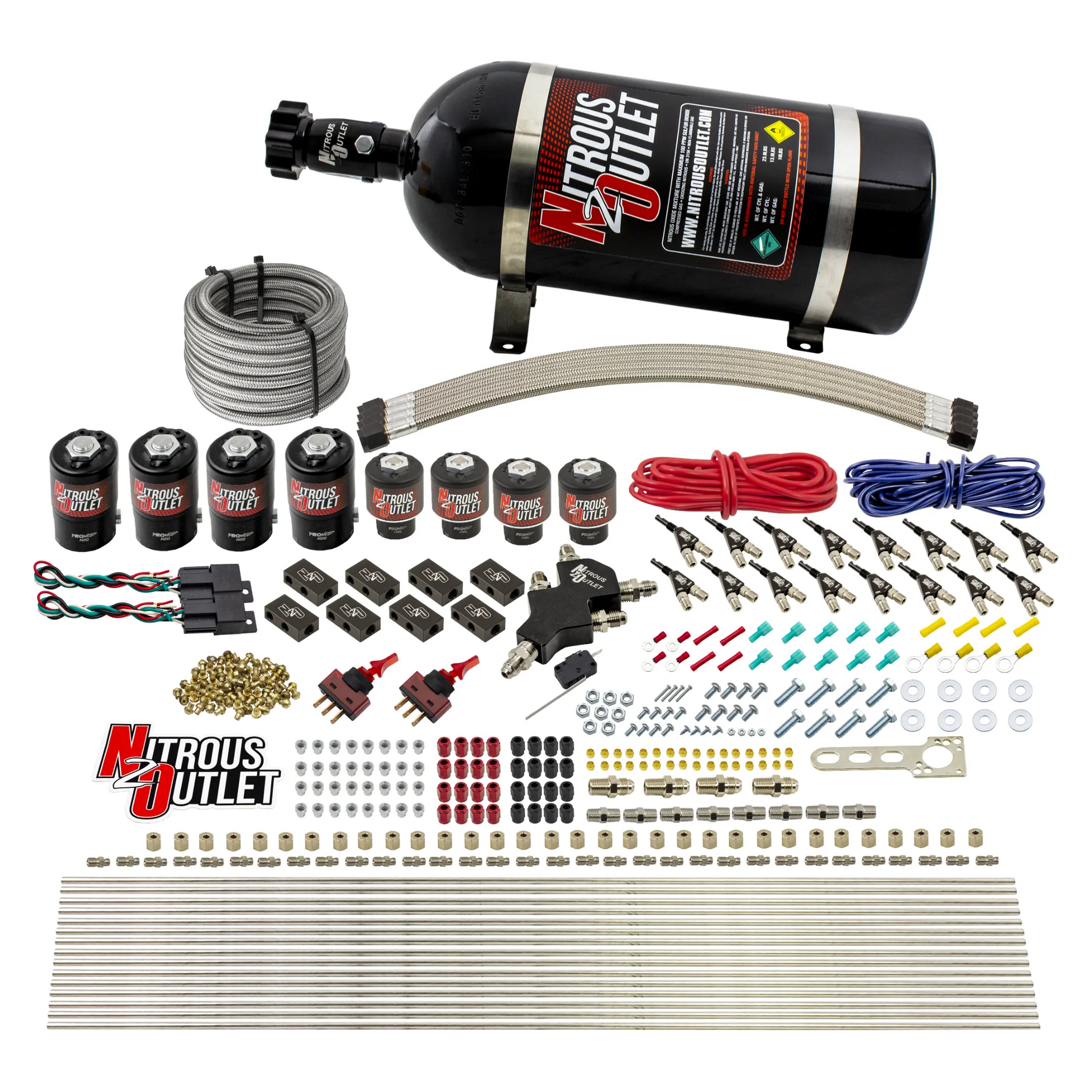 Nitrous Outlet 8 Cylinder Dual Stage Direct Port System - Four .112 Nitrous Solenoids/Four .177 Fuel Solenoids/Compact Distribution Blocks/Compression Fittings/90 Degree Discharge Nozzles (E85)(5-7-10 psi)(100-400HP)(10lb Bottle)
