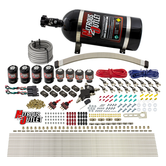 Nitrous Outlet 8 Cylinder Dual Stage Direct Port System - Four .112 Nitrous Solenoids/Four .177 Fuel Solenoids/Compact Distribution Blocks/Compression Fittings/90 Degree Discharge Nozzles (E85)(5-7-10 psi)(100-400HP)(10lb Bottle)
