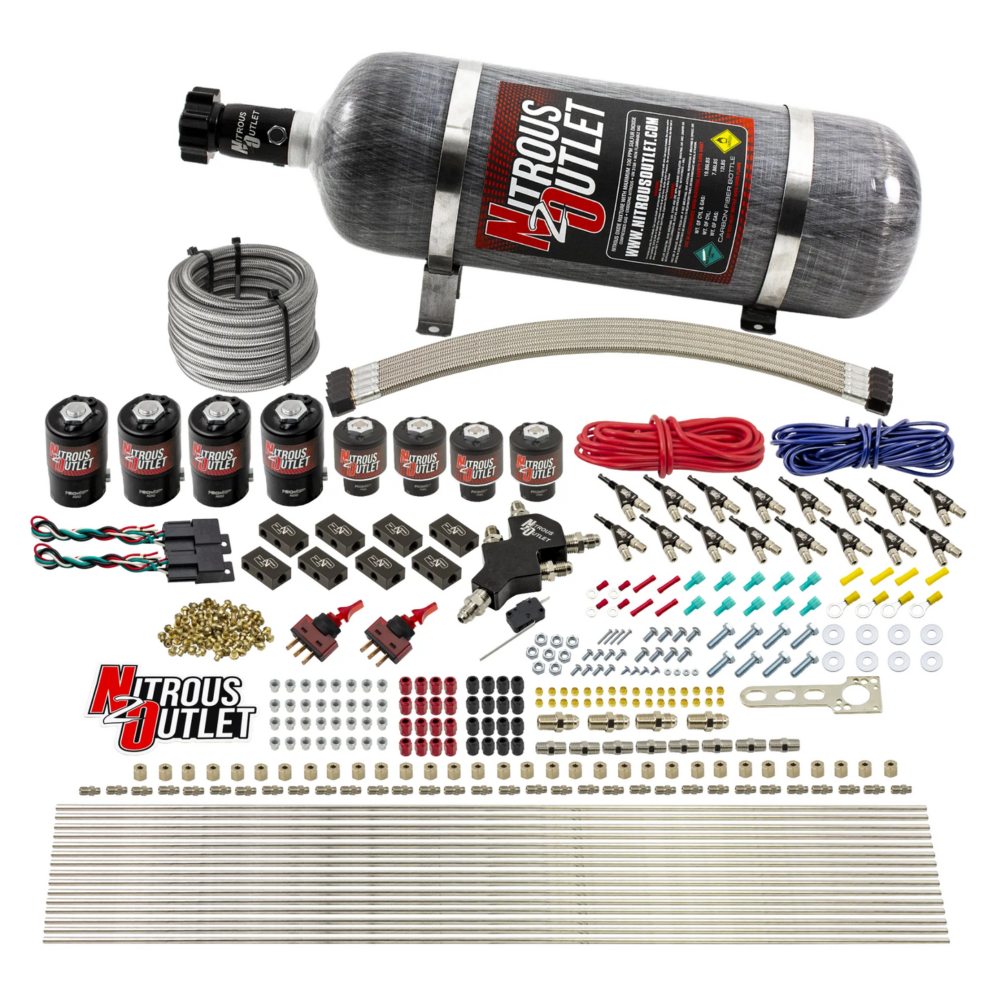 Nitrous Outlet 8 Cylinder Dual Stage Direct Port System - Four .112 Nitrous Solenoids/Four .177 Fuel Solenoids/Compact Distribution Blocks/Compression Fittings/90 Degree Discharge Nozzles (E85)(5-7-10 psi)(100-400HP)(12lb Bottle)