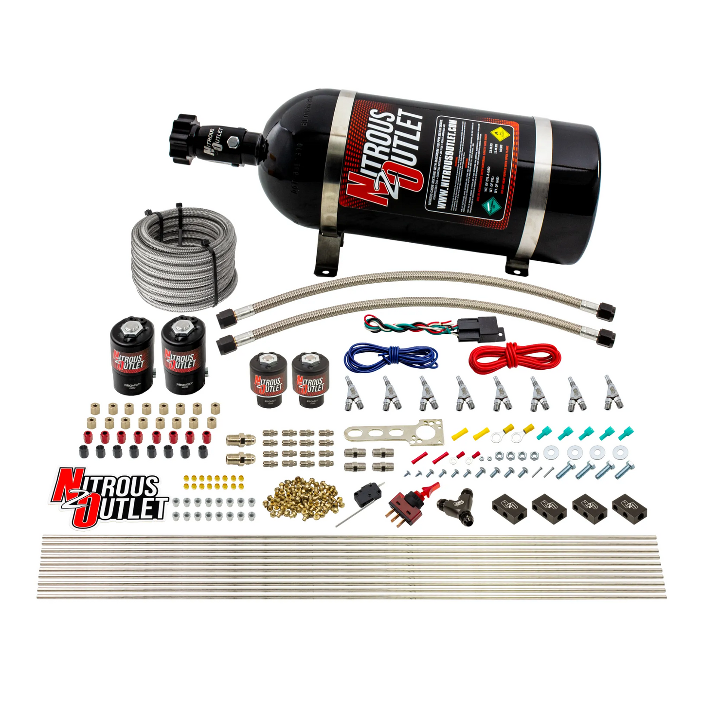 Nitrous Outlet 8 Cylinder Direct Port System - Two .112 Nitrous Solenoids/Two .177 Fuel Solenoids/Compact Distribution Blocks/Compression Fittings/Annular Discharge Nozzles (E85)(5-7-10 psi)(100-400HP)(10lb Bottle)