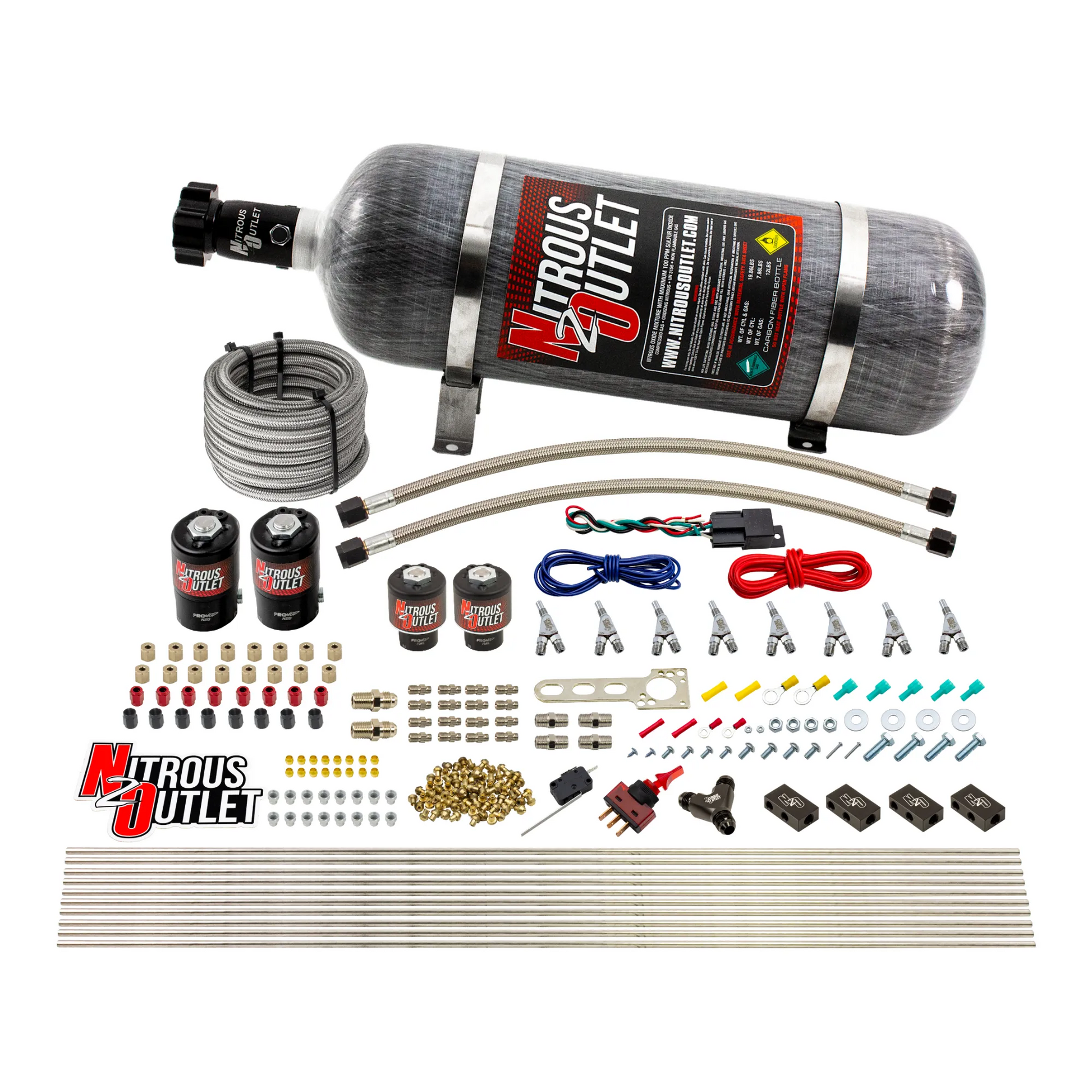 Nitrous Outlet 8 Cylinder Direct Port System - Two .112 Nitrous Solenoids/Two .177 Fuel Solenoids/Compact Distribution Blocks/Compression Fittings/Annular Discharge Nozzles (E85)(5-7-10 psi)(100-400HP)(12lb Bottle)