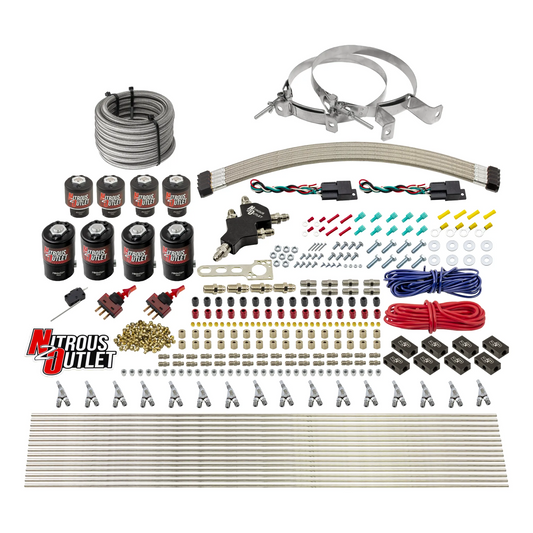 Nitrous Outlet 8 Cylinder Dual Stage Direct Port System - Four .112 Nitrous Solenoids/Four .177 Fuel Solenoids/Compact Distribution Blocks/Compression Fittings/Annular Discharge Nozzles (E85)(5-7-10 psi)(100-400HP)(No Bottle)