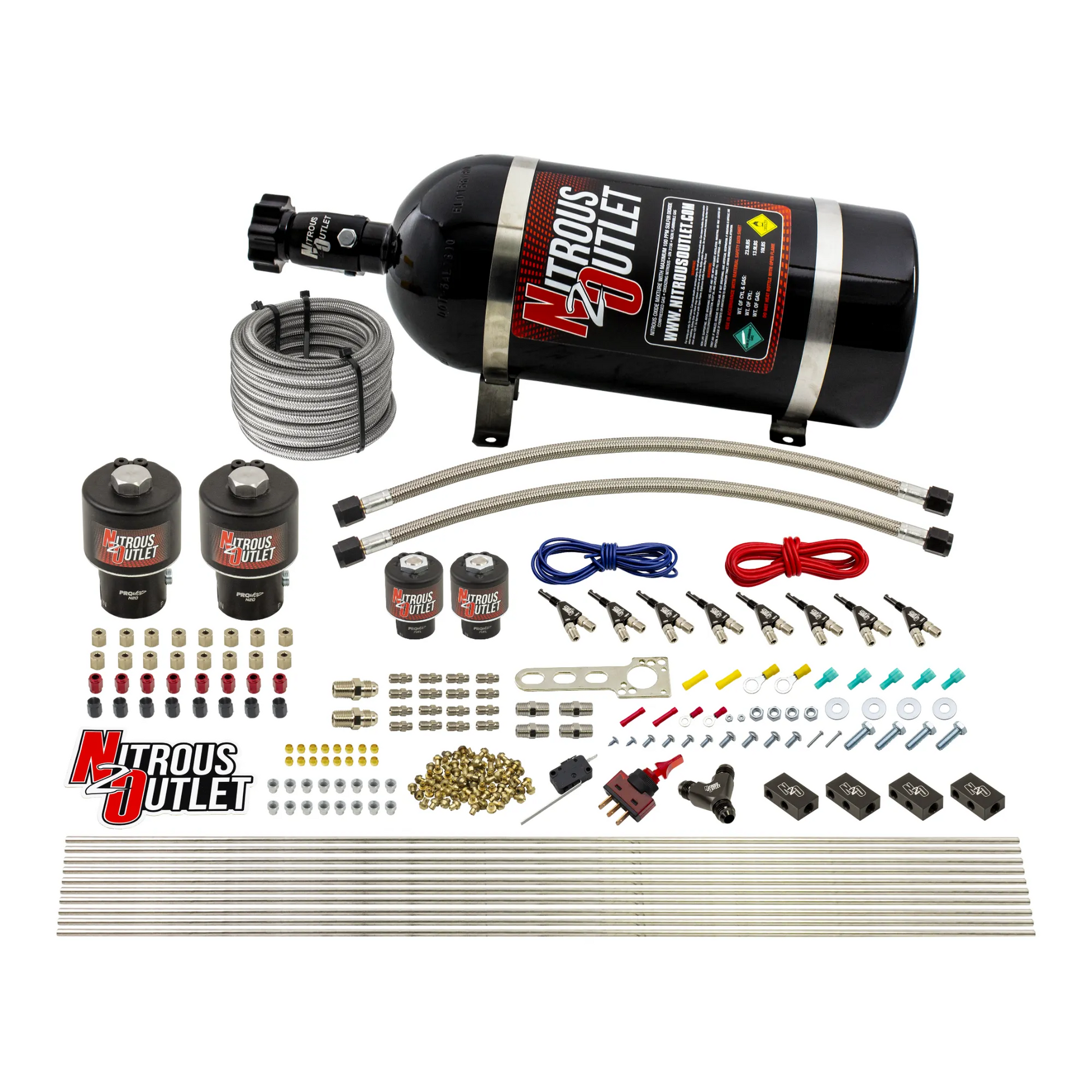 Nitrous Outlet 8 Cylinder Direct Port System - Two .178 Trashcan Nitrous Solenoids/Two .177 Fuel Solenoids/Compact Distribution Blocks/Compression Fittings/90 Degree Discharge Nozzles (E85)(5-7-10 psi)(100-400HP)(10lb Bottle)