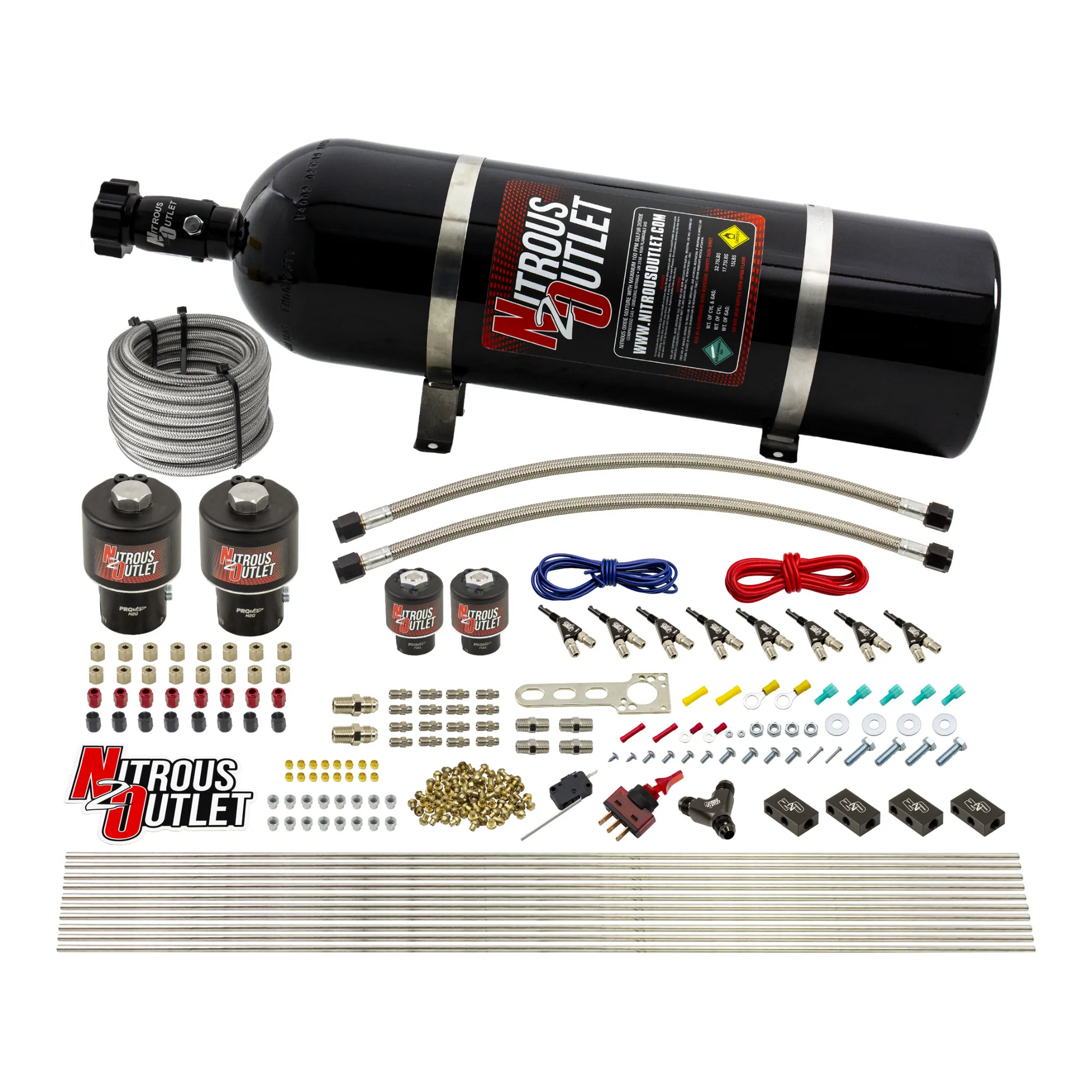 Nitrous Outlet 8 Cylinder Direct Port System - Two .178 Trashcan Nitrous Solenoids/Two .177 Fuel Solenoids/Compact Distribution Blocks/Compression Fittings/90 Degree Discharge Nozzles (E85)(5-7-10 psi)(100-400HP)(15lb Bottle)