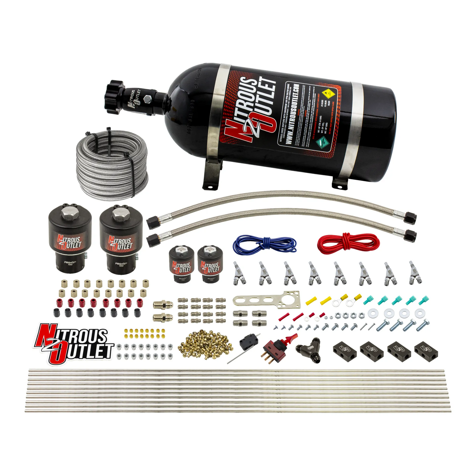 Nitrous Outlet 8 Cylinder Direct Port System - Two .178 Trashcan Nitrous Solenoids/Two .177 Fuel Solenoids/Compact Distribution Blocks/Compression Fittings/Annular Discharge Nozzles (E85)(5-7-10 psi)(100-400HP)(10lb Bottle)