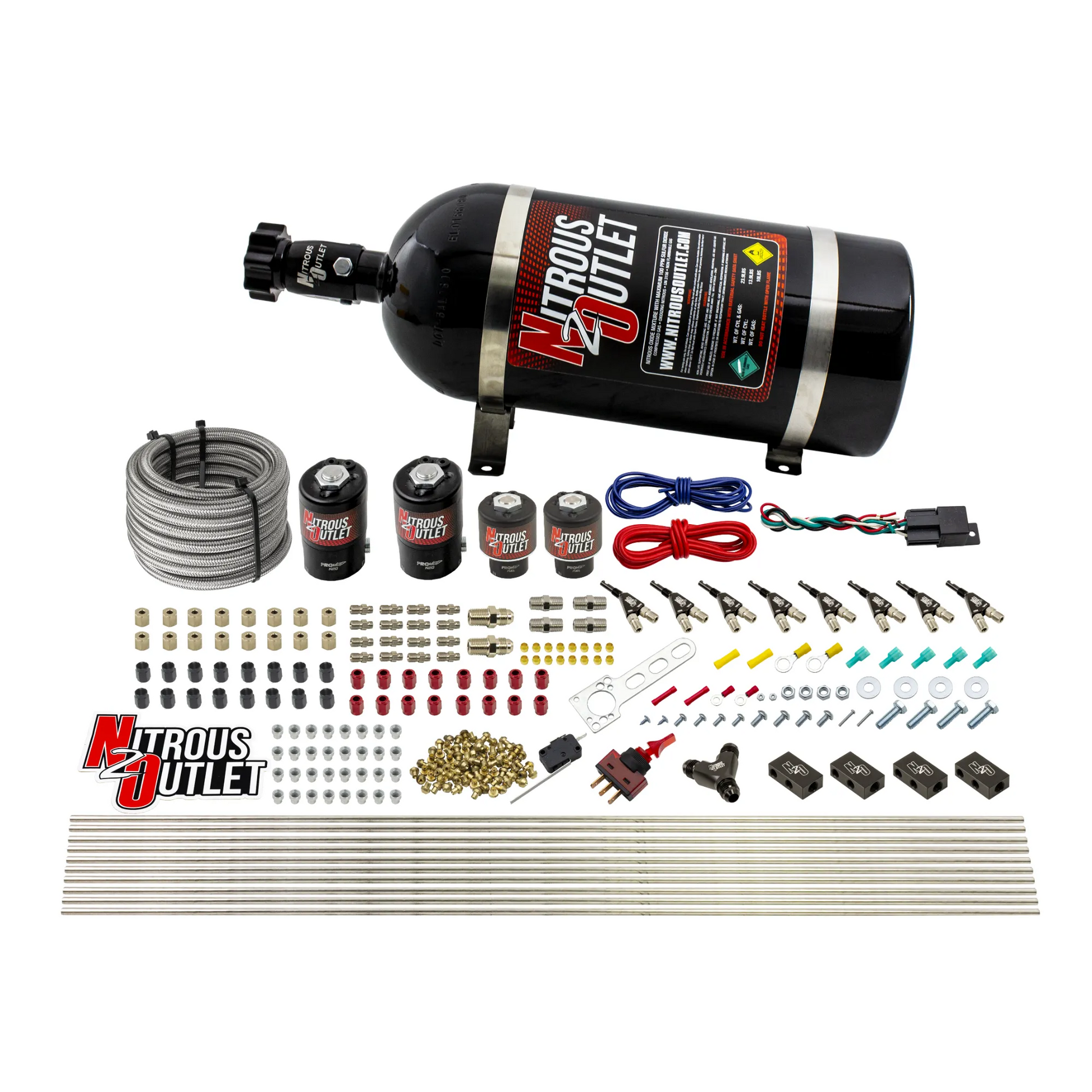 Nitrous Outlet 8 Cylinder Direct Port System - Two .122 Nitrous Solenoids/Two .177 Fuel Solenoids/Compact Distribution Blocks/Compression Fittings/90 Degree Discharge Nozzles (Gas)(5-7-10 psi)(100-400HP)(10lb Bottle)
