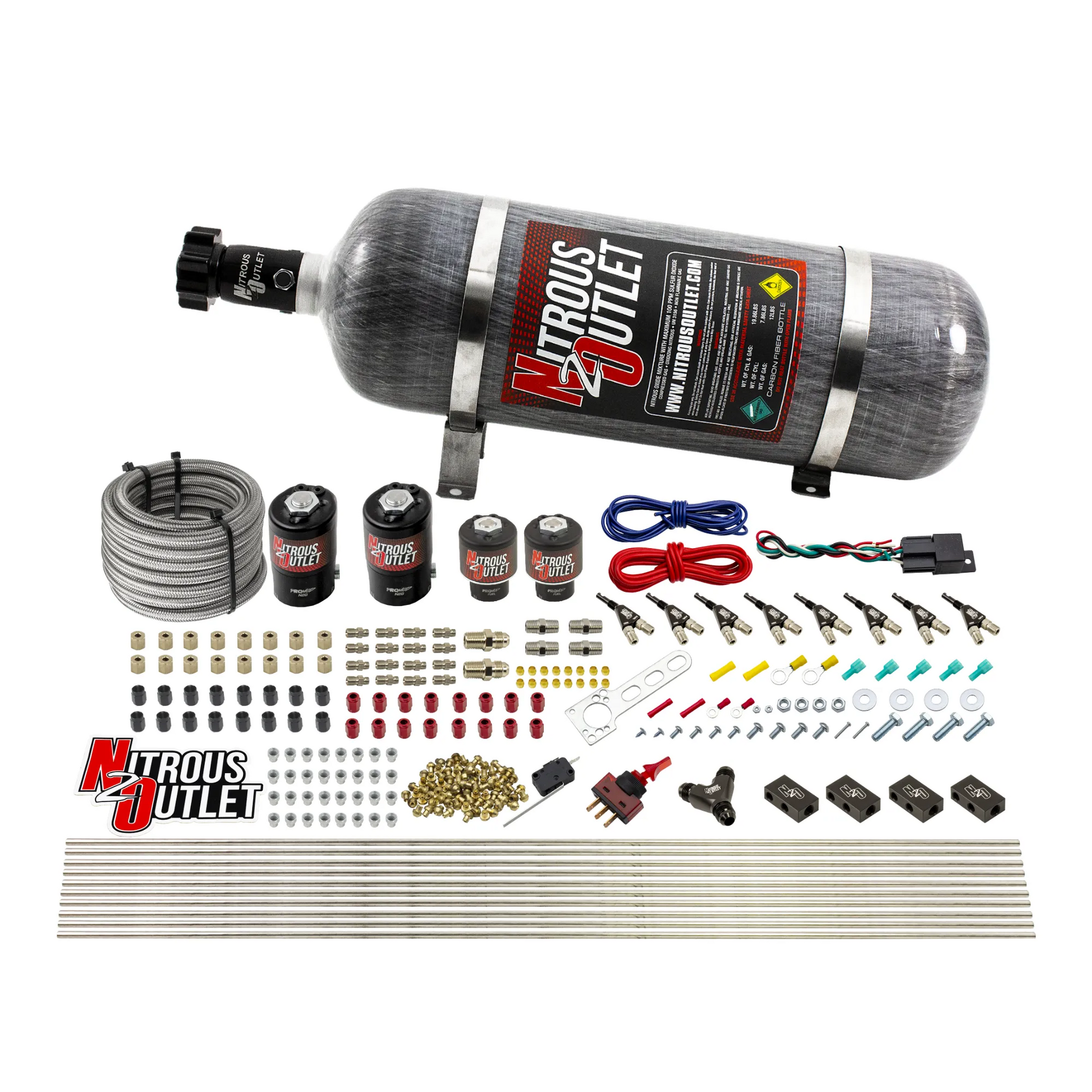 Nitrous Outlet 8 Cylinder Direct Port System - Two .122 Nitrous Solenoids/Two .177 Fuel Solenoids/Compact Distribution Blocks/Compression Fittings/90 Degree Discharge Nozzles (Gas)(5-7-10 psi)(100-400HP)(12lb Bottle)