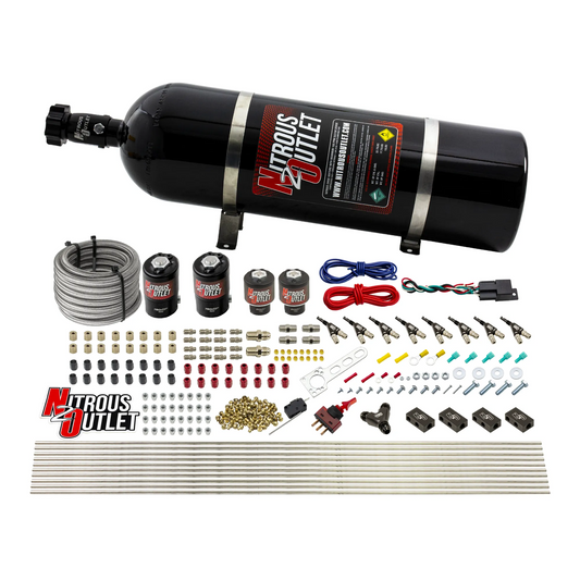 Nitrous Outlet 8 Cylinder Direct Port System - Two .122 Nitrous Solenoids/Two .177 Fuel Solenoids/Compact Distribution Blocks/Compression Fittings/90 Degree Discharge Nozzles (Gas)(5-7-10 psi)(100-400HP)(15lb Bottle)