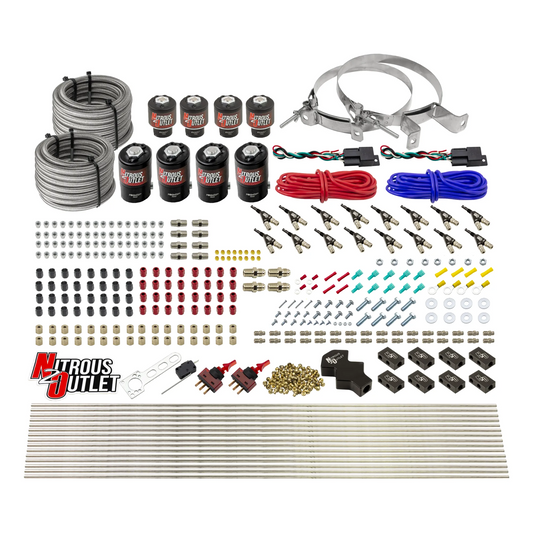 Nitrous Outlet 8 Cylinder Dual Stage Direct Port System - Four .122 Nitrous Solenoids/Four .177 Fuel Solenoids/Compact Distribution Blocks/Compression Fittings/90 Degree Discharge Nozzles (Gas)(5-7-10 psi)(100-400HP)(No Bottle)