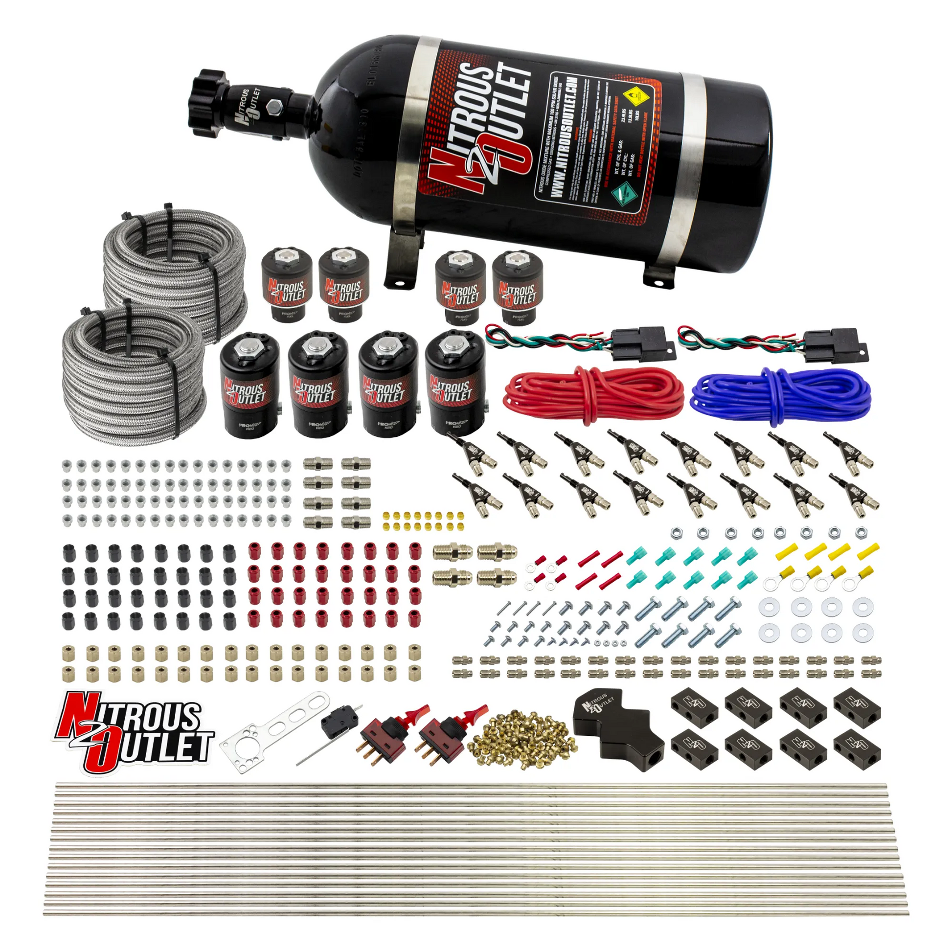 Nitrous Outlet 8 Cylinder Dual Stage Direct Port System - Four .122 Nitrous Solenoids/Four .177 Fuel Solenoids/Compact Distribution Blocks/Compression Fittings/90 Degree Discharge Nozzles (Gas)(5-7-10 psi)(100-400HP)(10lb Bottle)