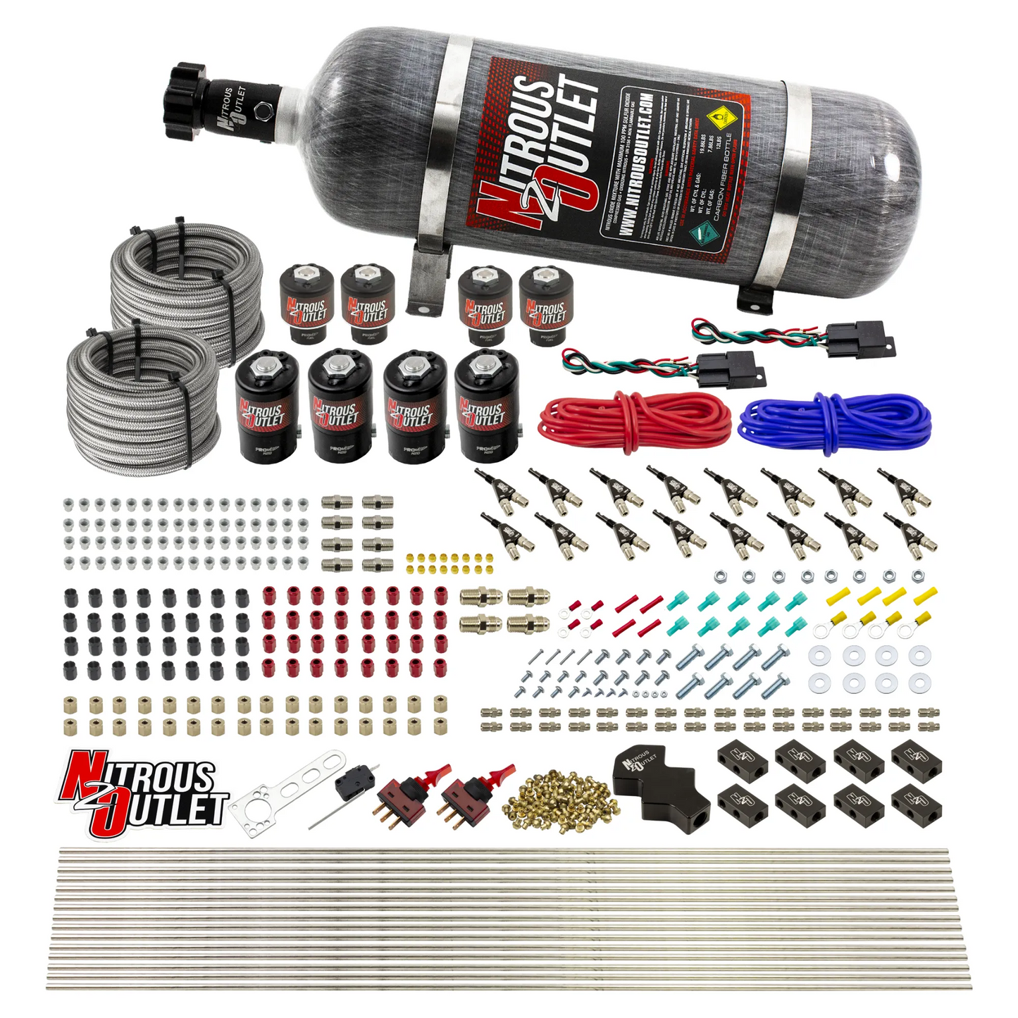 Nitrous Outlet 8 Cylinder Dual Stage Direct Port System - Four .122 Nitrous Solenoids/Four .177 Fuel Solenoids/Compact Distribution Blocks/Compression Fittings/90 Degree Discharge Nozzles (Gas)(5-7-10 psi)(100-400HP)(12lb Bottle)