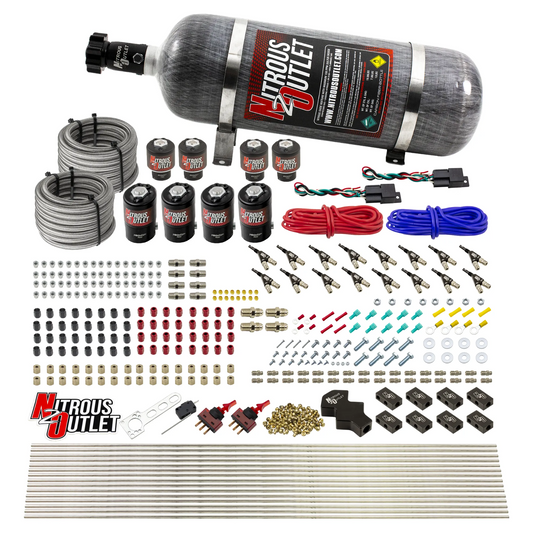 Nitrous Outlet 8 Cylinder Dual Stage Direct Port System - Four .122 Nitrous Solenoids/Four .177 Fuel Solenoids/Compact Distribution Blocks/Compression Fittings/90 Degree Discharge Nozzles (Gas)(5-7-10 psi)(100-400HP)(12lb Bottle)