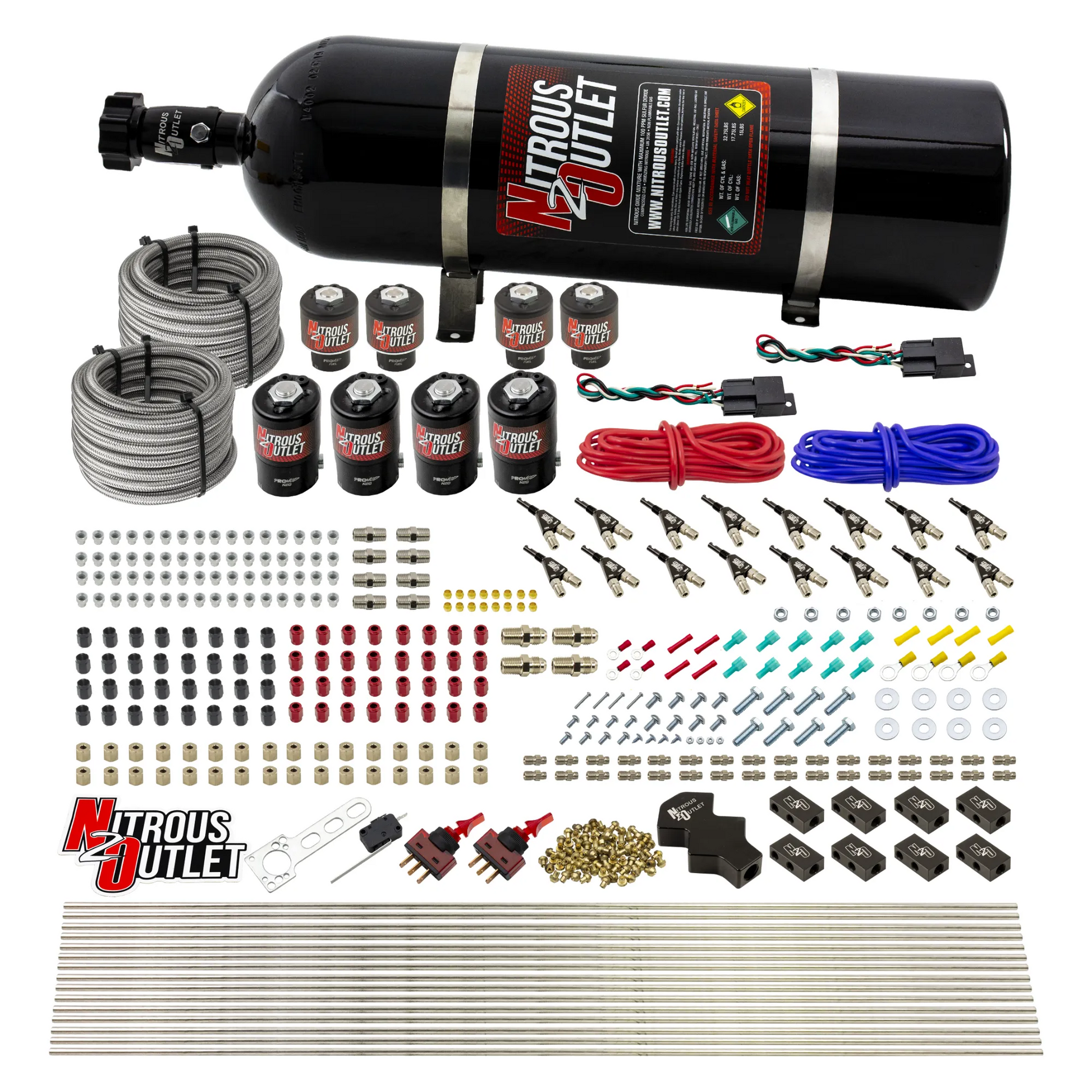 Nitrous Outlet 8 Cylinder Dual Stage Direct Port System - Four .122 Nitrous Solenoids/Four .177 Fuel Solenoids/Compact Distribution Blocks/Compression Fittings/90 Degree Discharge Nozzles (Gas)(5-7-10 psi)(100-400HP)(15lb Bottle)