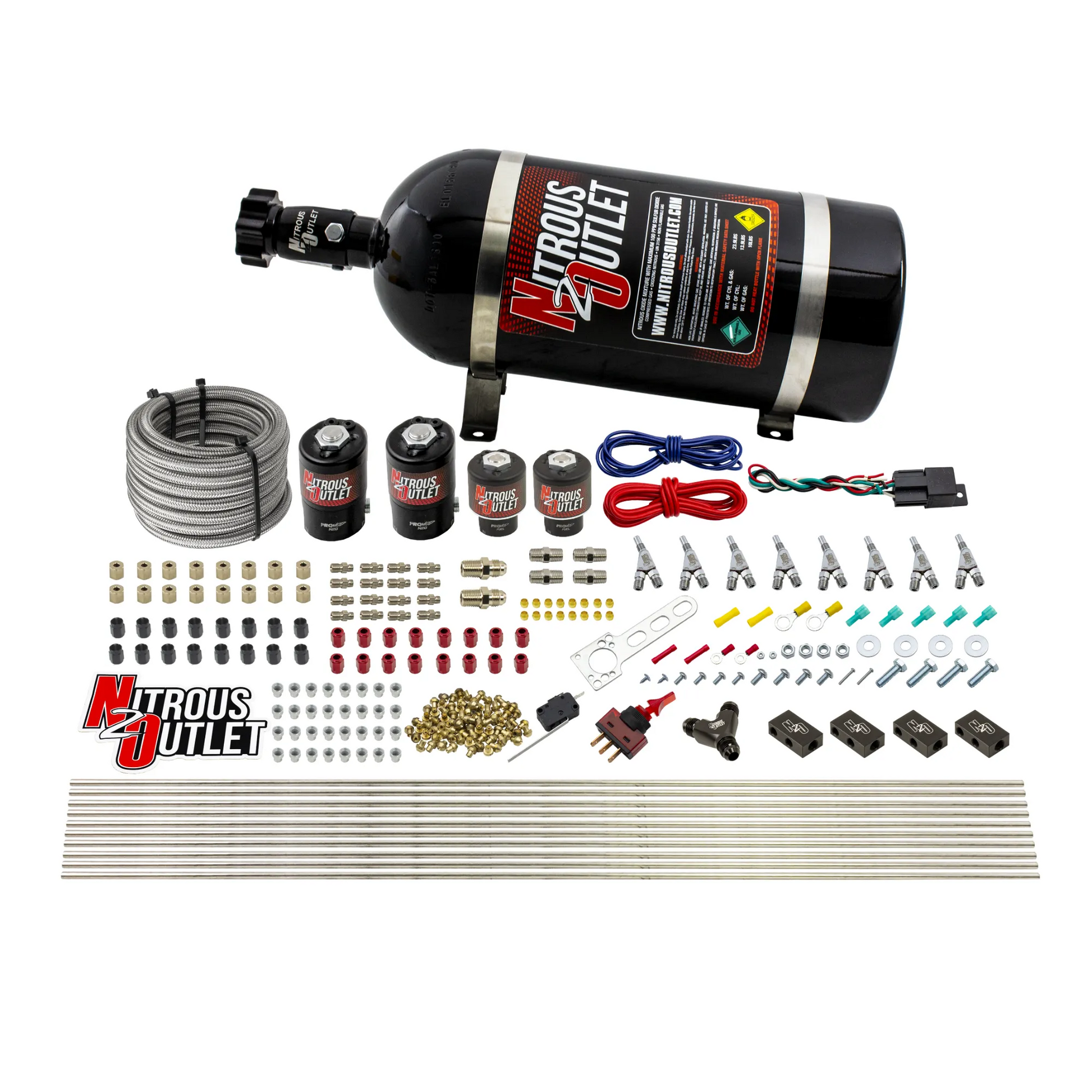 Nitrous Outlet 8 Cylinder Direct Port System - Two .122 Nitrous Solenoids/Two .177 Fuel Solenoids/Compact Distribution Blocks/Compression Fittings/Annular Discharge Nozzles (Gas)(5-7-10 psi)(100-400HP)(10lb Bottle)