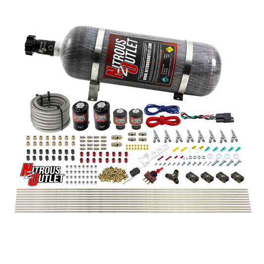 Nitrous Outlet 8 Cylinder Direct Port System - Two .122 Nitrous Solenoids/Two .177 Fuel Solenoids/Compact Distribution Blocks/Compression Fittings/Annular Discharge Nozzles (Gas)(5-7-10 psi)(100-400HP)(12lb Bottle)