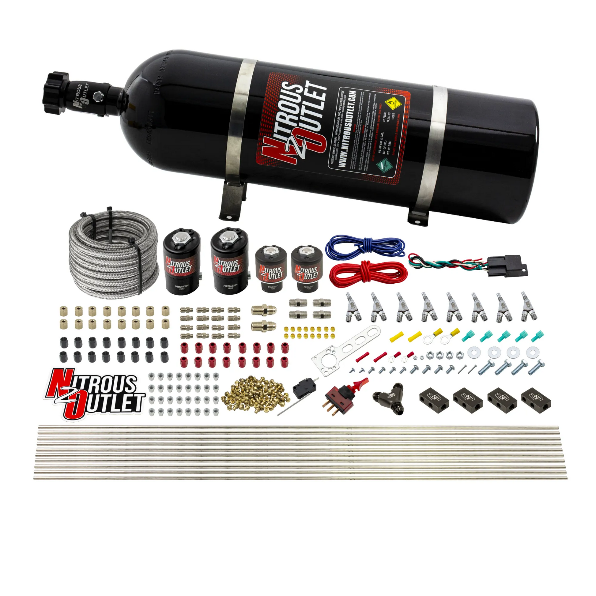 Nitrous Outlet 8 Cylinder Direct Port System - Two .122 Nitrous Solenoids/Two .177 Fuel Solenoids/Compact Distribution Blocks/Compression Fittings/Annular Discharge Nozzles (Gas)(5-7-10 psi)(100-400HP)(15lb Bottle)