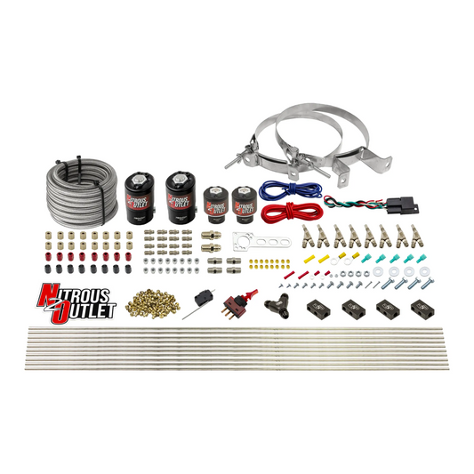 Nitrous Outlet 8 Cylinder Dual Stage Direct Port System - Four .122 Nitrous Solenoids/Four .177 Fuel Solenoids/Compact Distribution Blocks/Compression Fittings/Annular Discharge Nozzles (Gas)(5-7-10 psi)(100-400HP)(No Bottle)