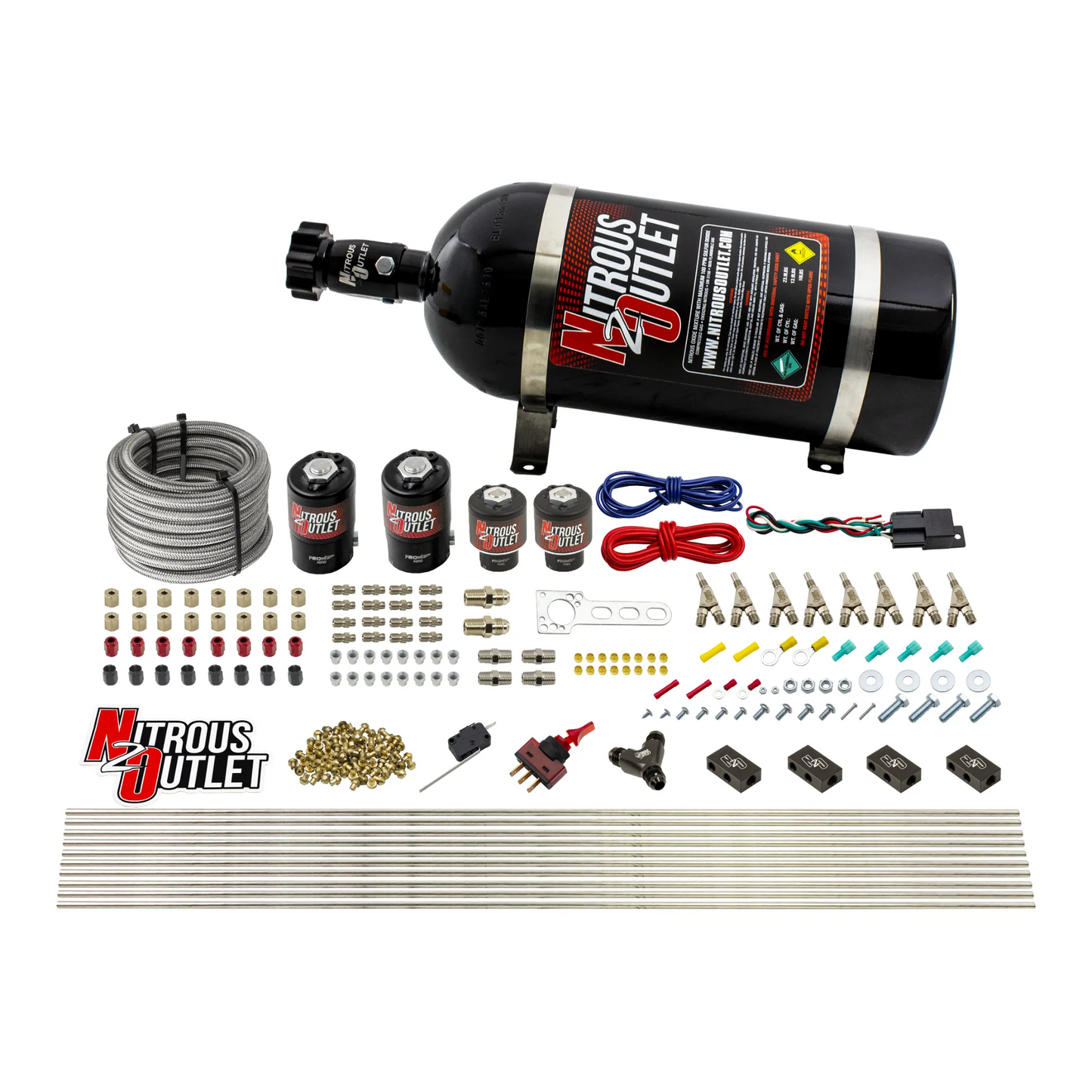 Nitrous Outlet 8 Cylinder Dual Stage Direct Port System - Four .122 Nitrous Solenoids/Four .177 Fuel Solenoids/Compact Distribution Blocks/Compression Fittings/Annular Discharge Nozzles (Gas)(5-7-10 psi)(100-400HP)(10lb Bottle)